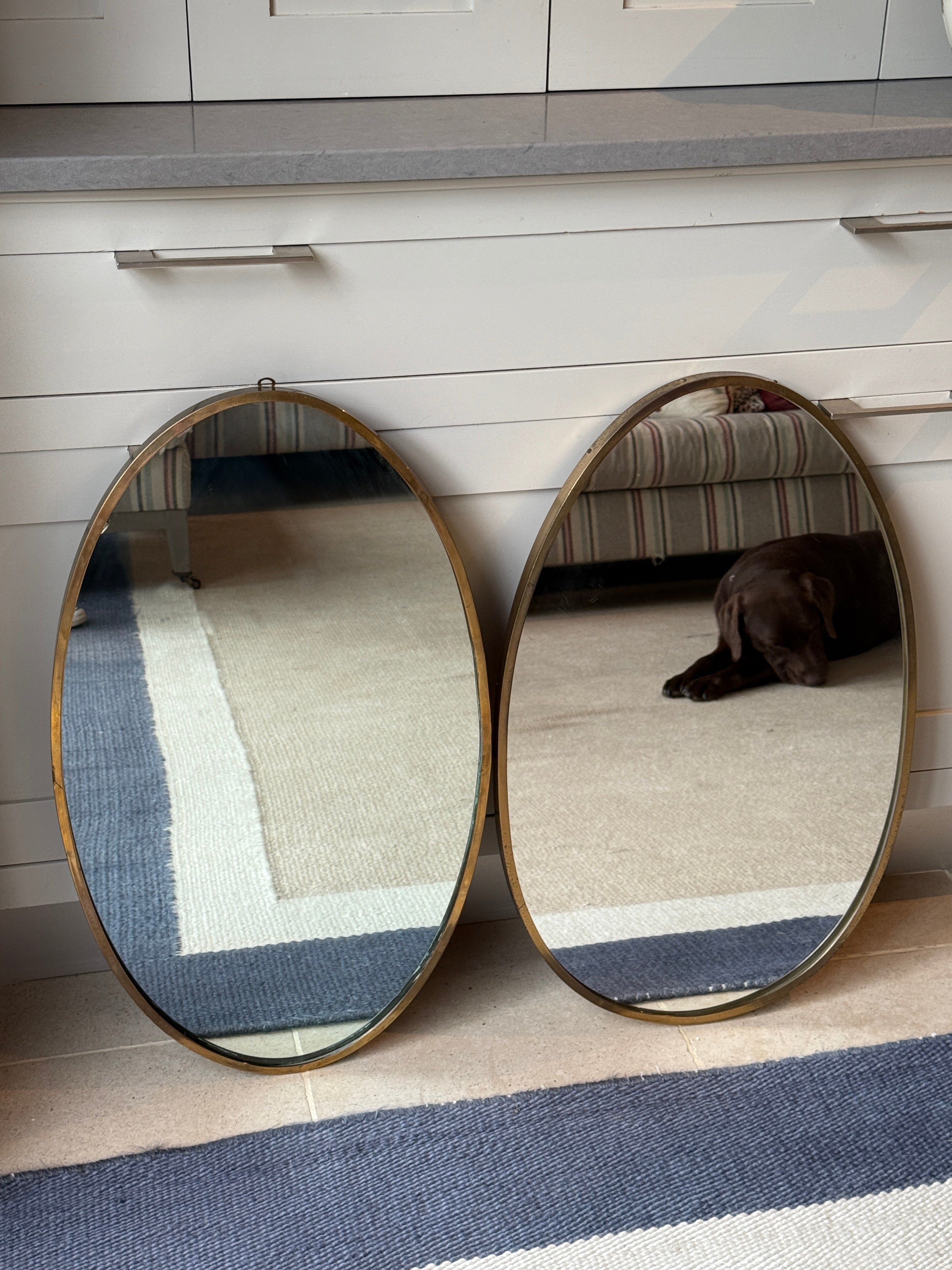 Near Matching Pair of Oval Italian Brass Mirror