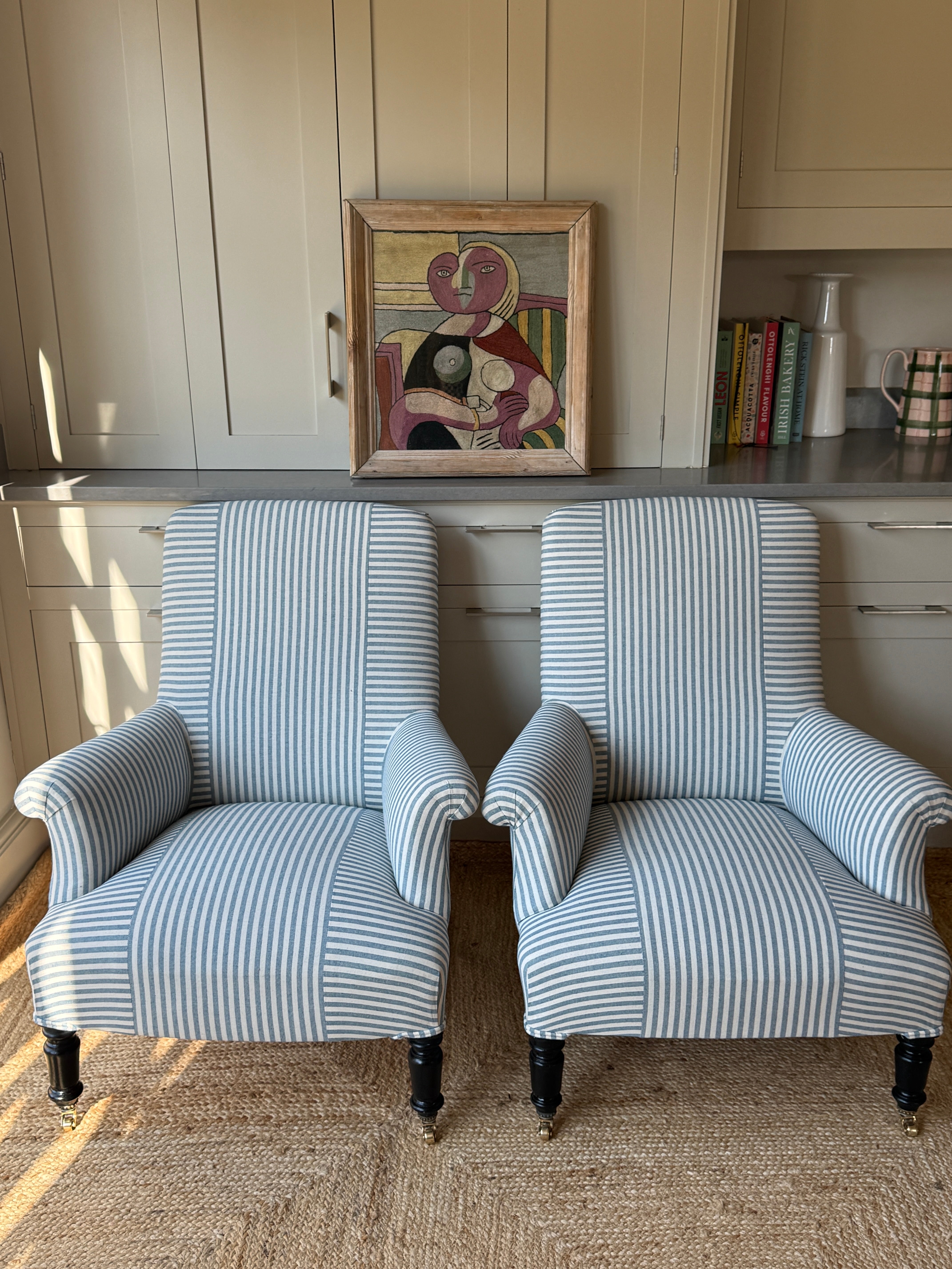 Pair of French Armchairs in Blue & White Ticking with Criss Cross Design