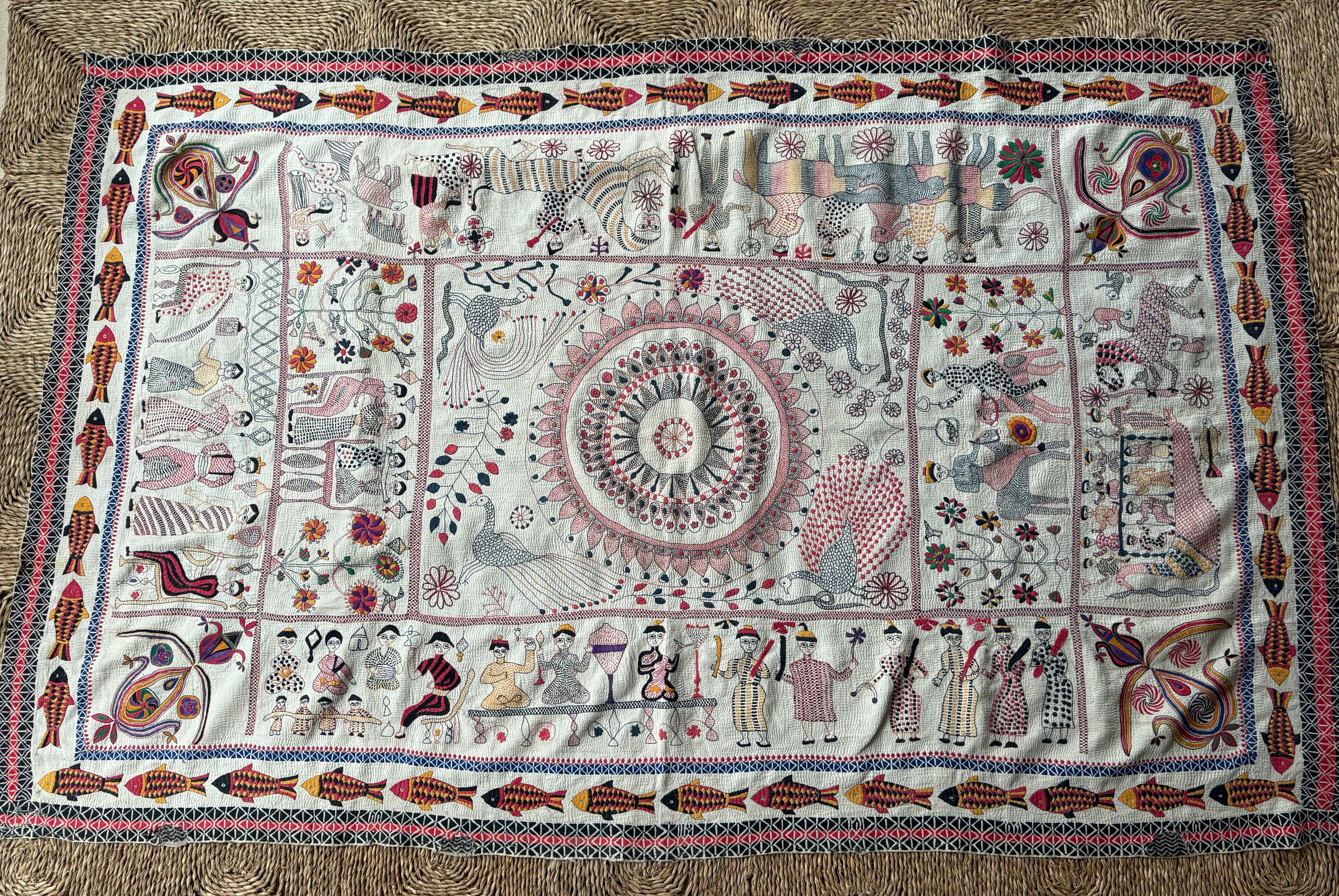 Rare Bengali Nakshi Kantha with Fish Border c late 19th Century