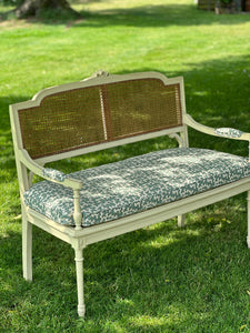 19th Century Cane Bench with Cushion with Colefax & Fowler Squiggle Fabric