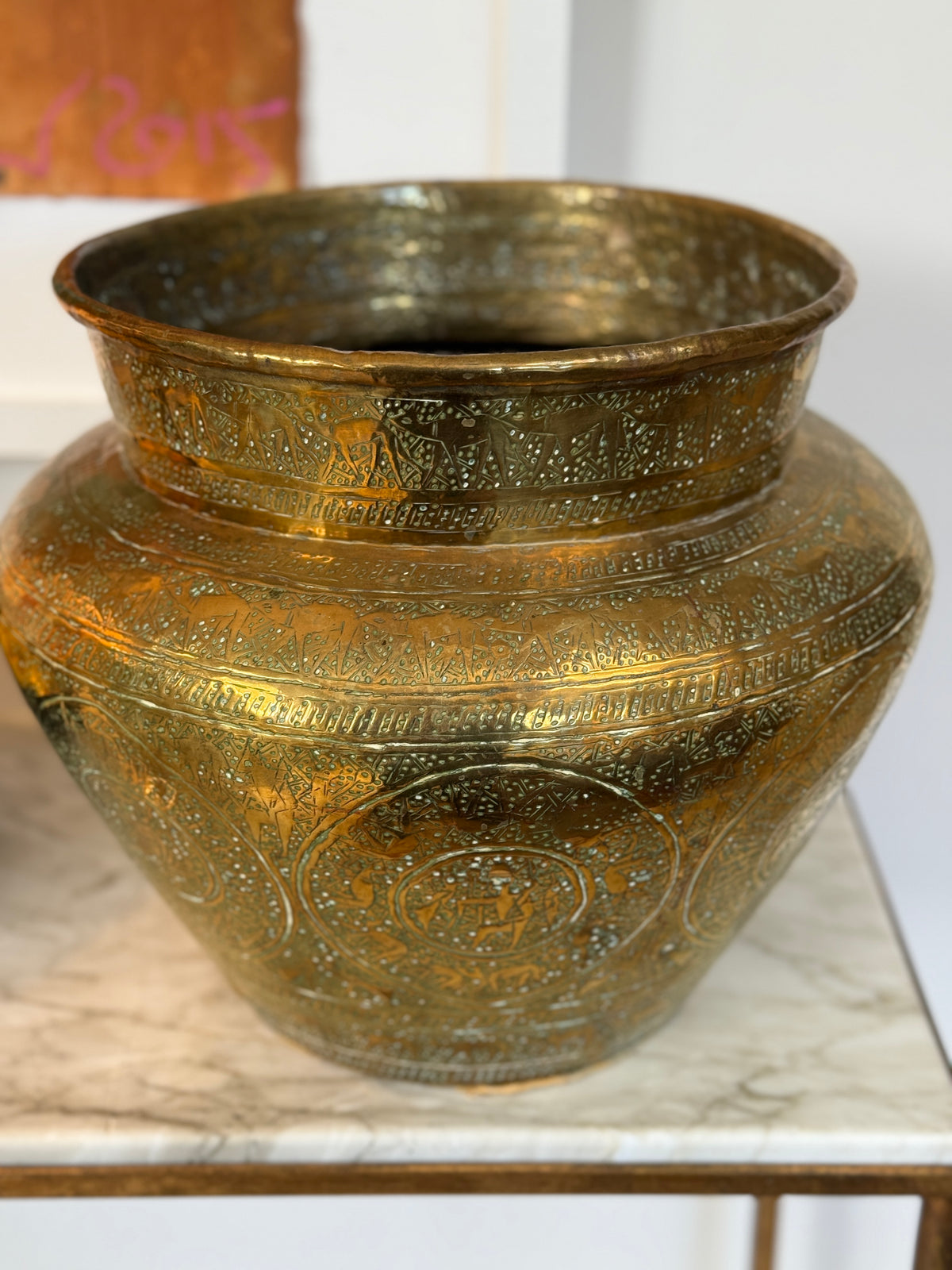 Antique Engraved Brass Jardinière, Middle Eastern Mamluk Revival Style