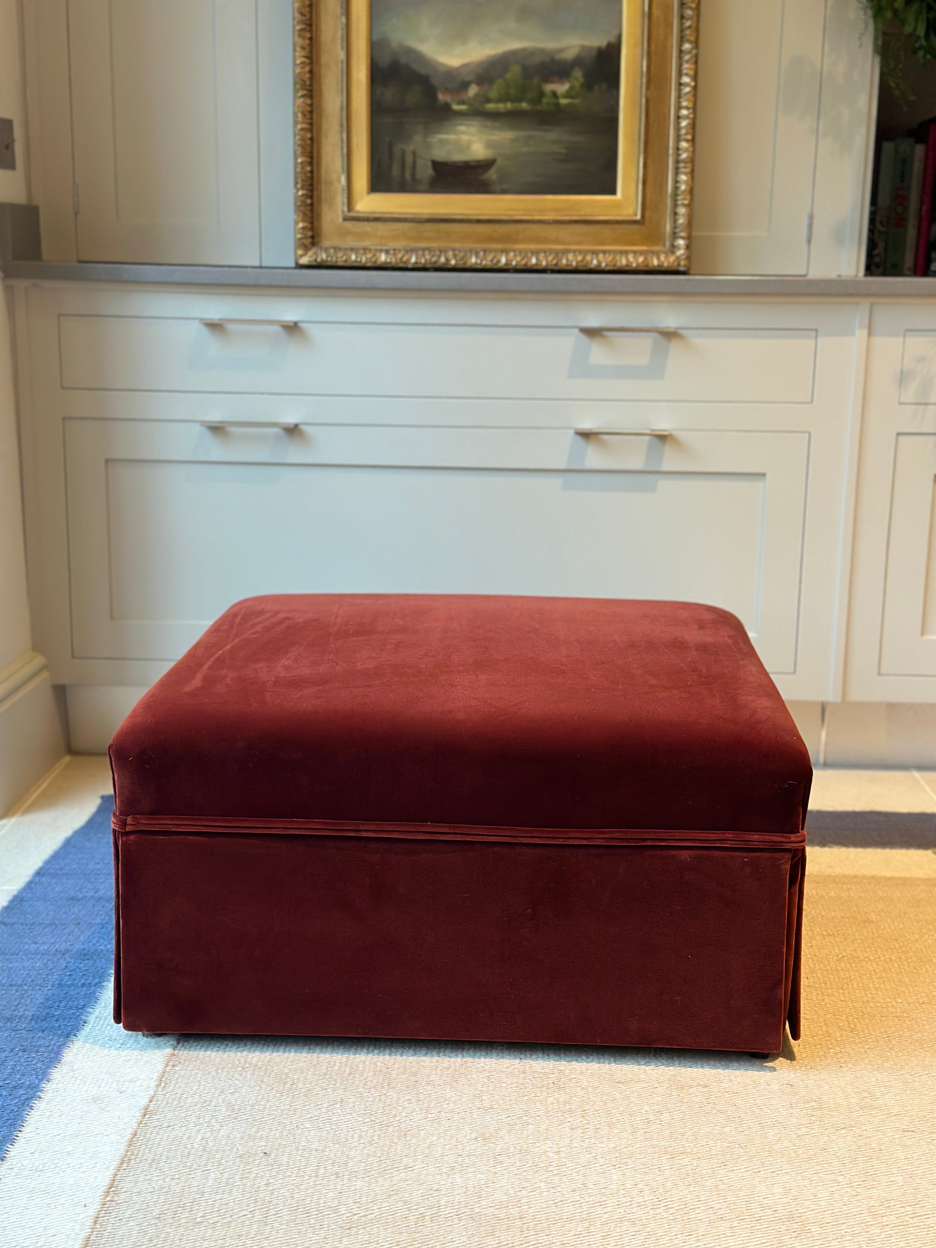 Antique French Ottoman Footstool in Rose Uniacke Cotton Velvet Burnt Siena