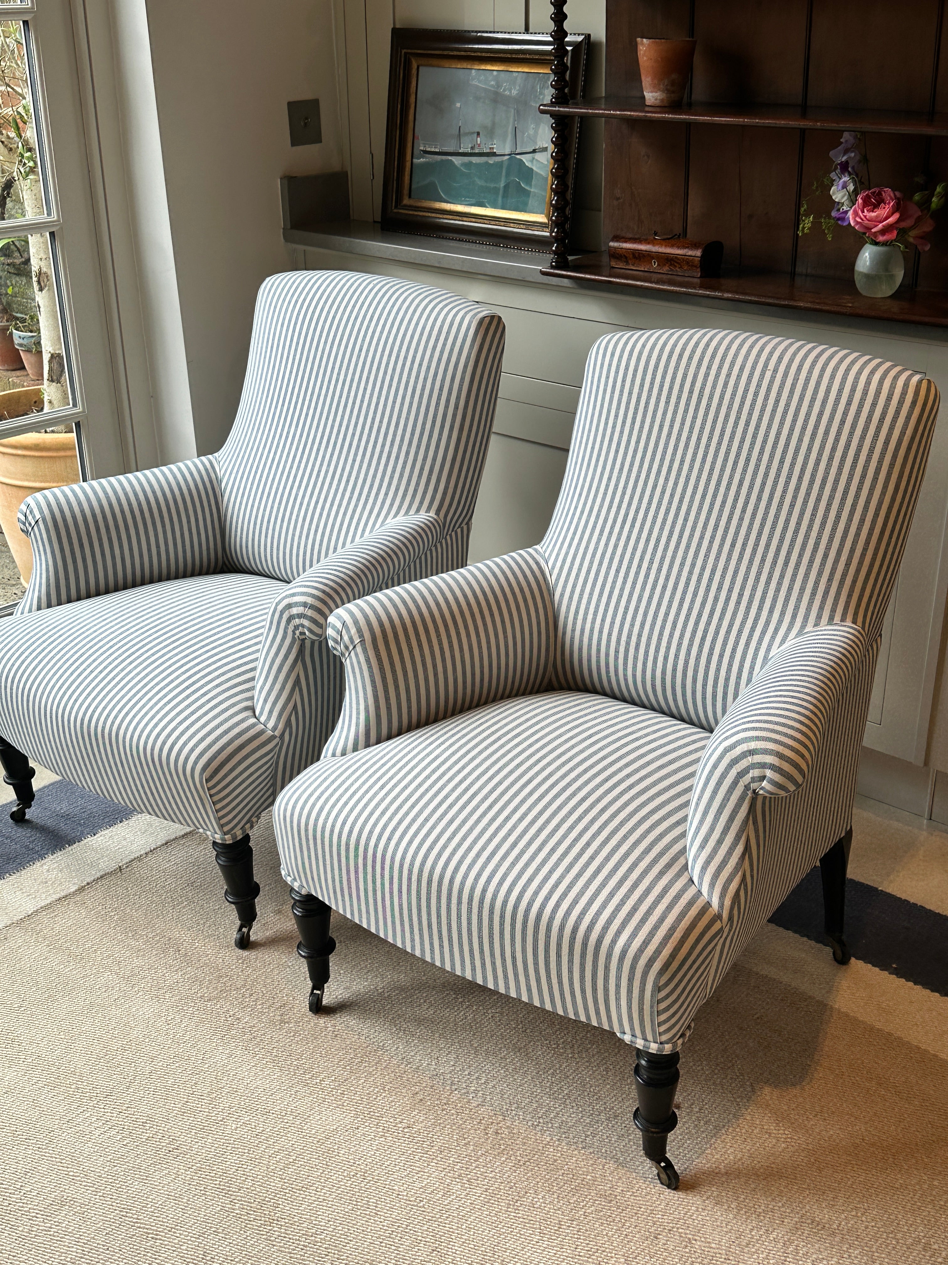 Sold Pair of Square Back French chairs in blue ticking