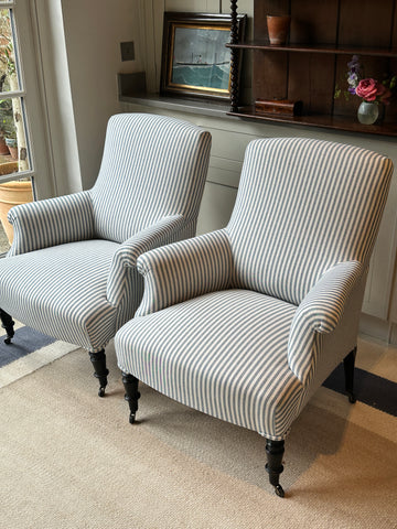 Pair of Square Back French chairs in blue ticking