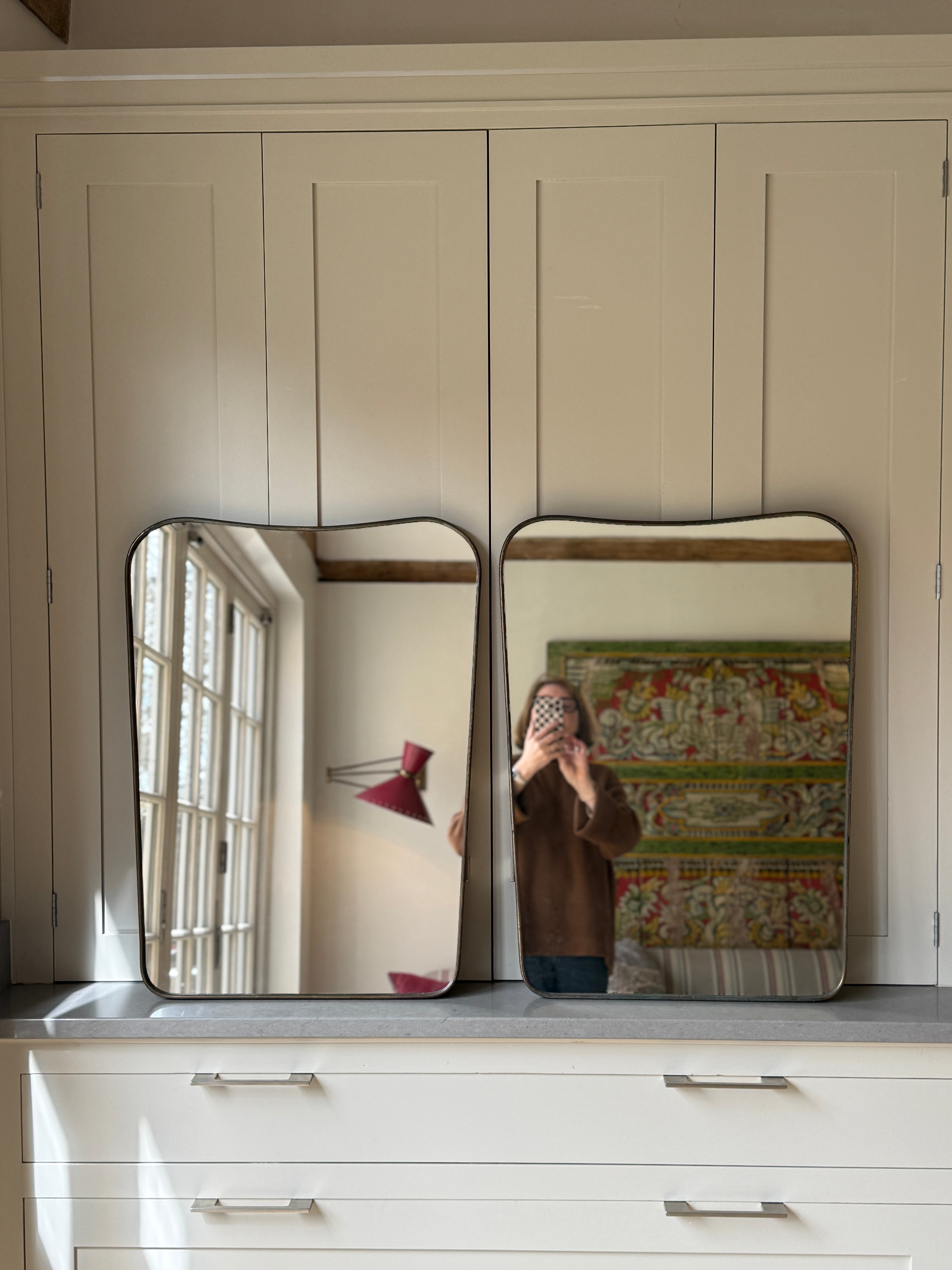 Rare Pair of Italian Brass Shield Mirrors - Circa 1950