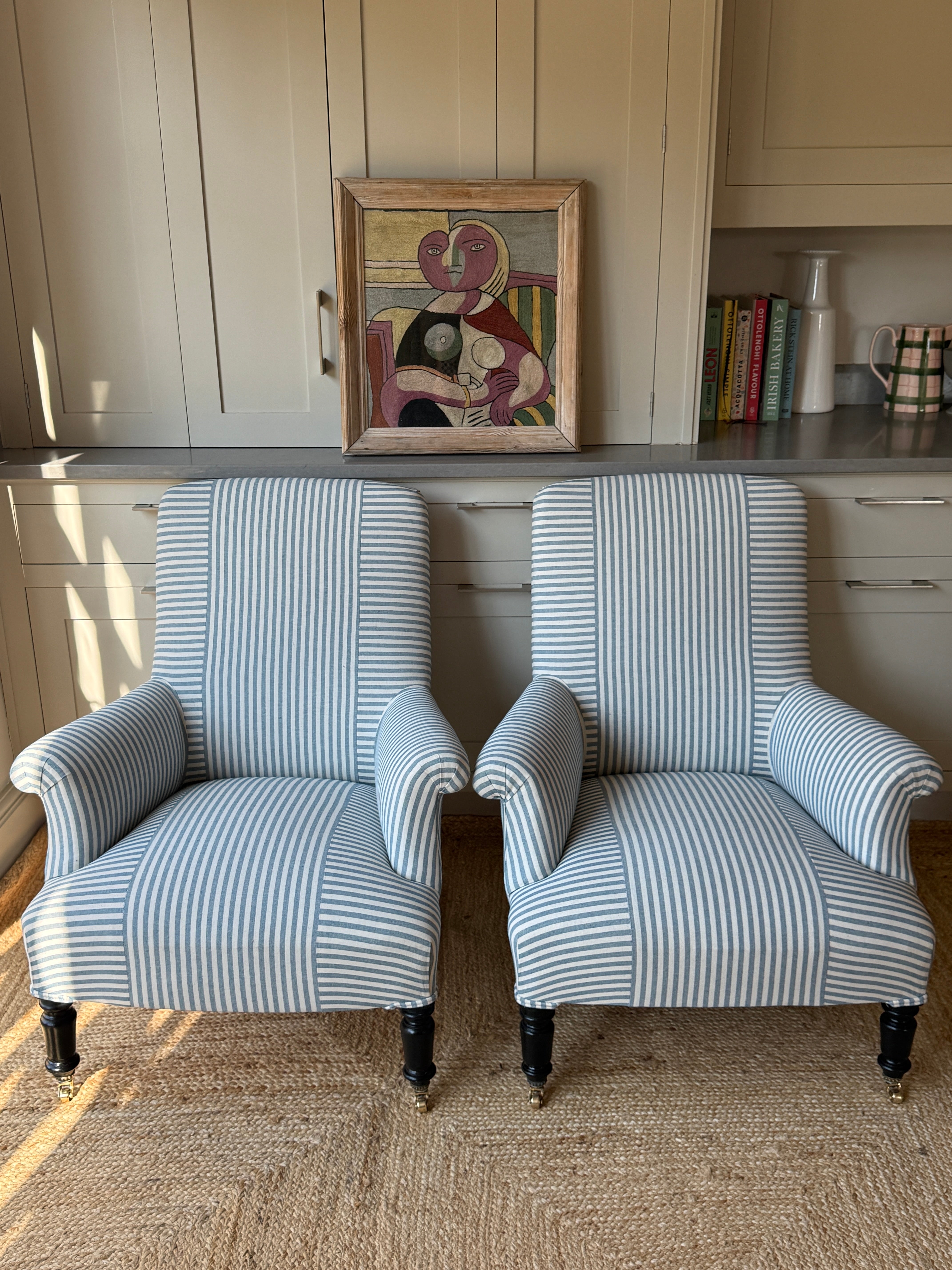 Pair of French Armchairs in Blue & White Ticking with Criss Cross Design