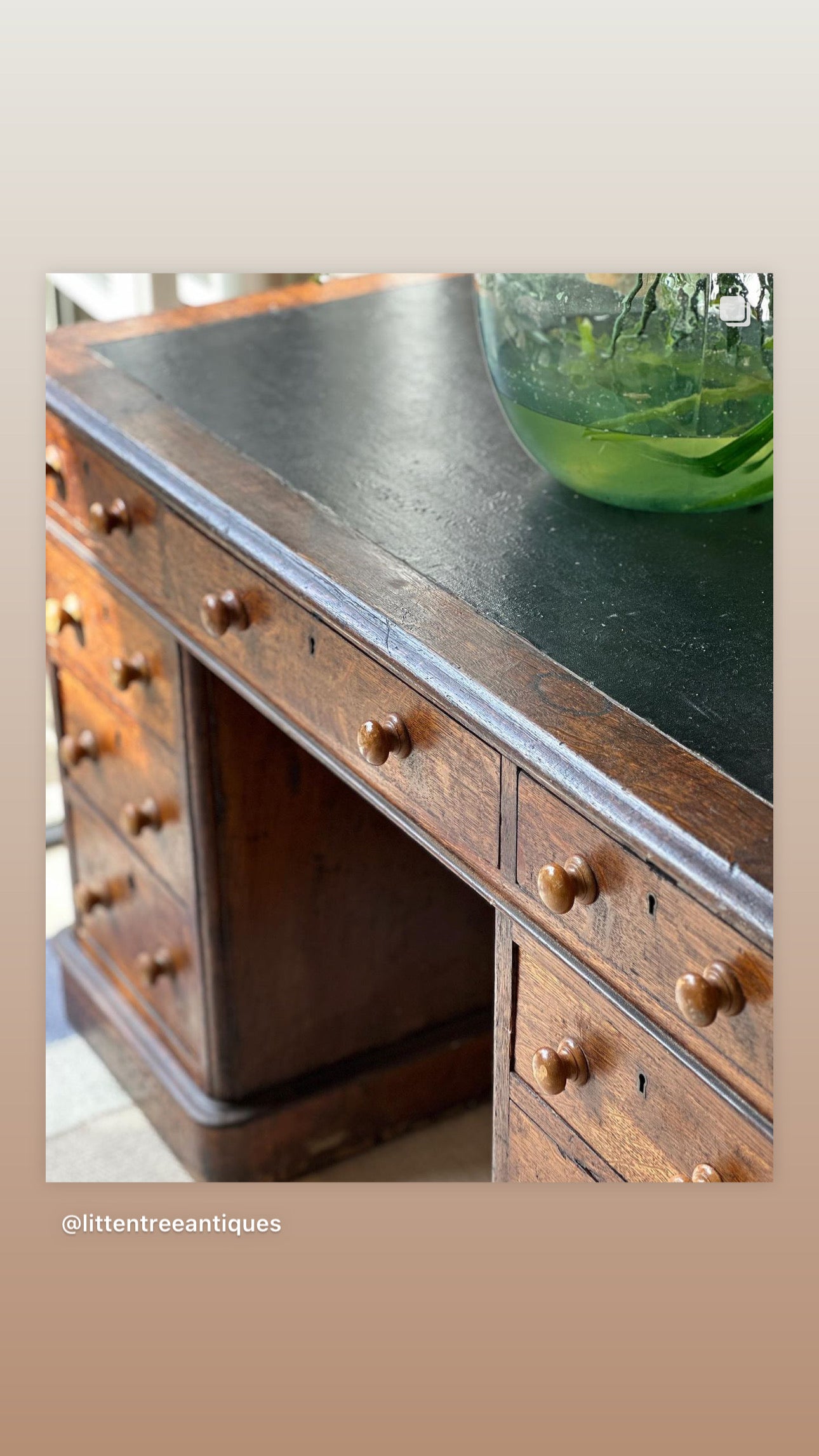 Antique Oak Desk with leather top on castors