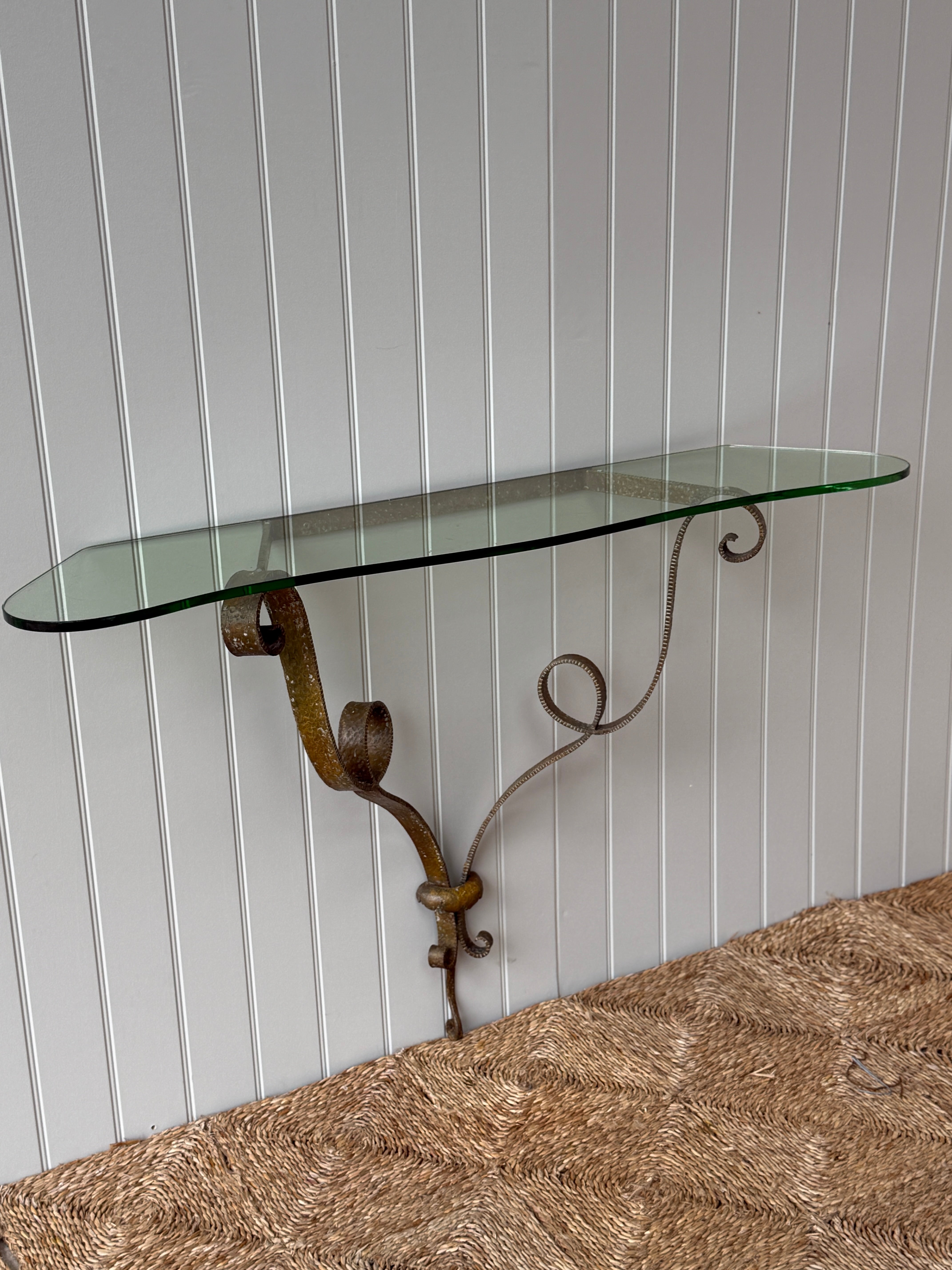 Italian Hammered Gilt Metal Console Table with Glass Top