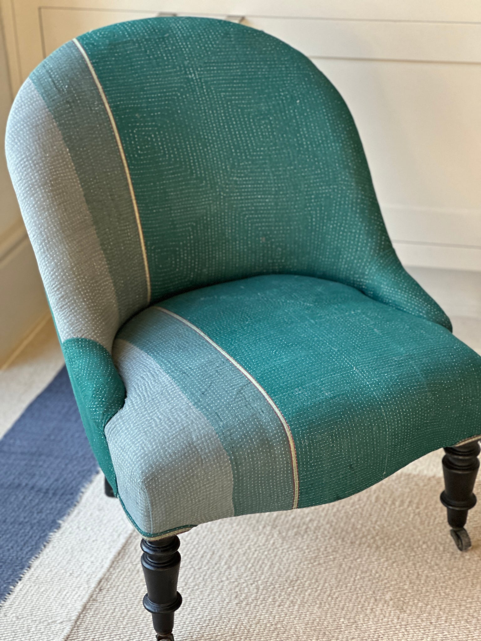 French Slipper Chair upholstered in fab vintage kantha