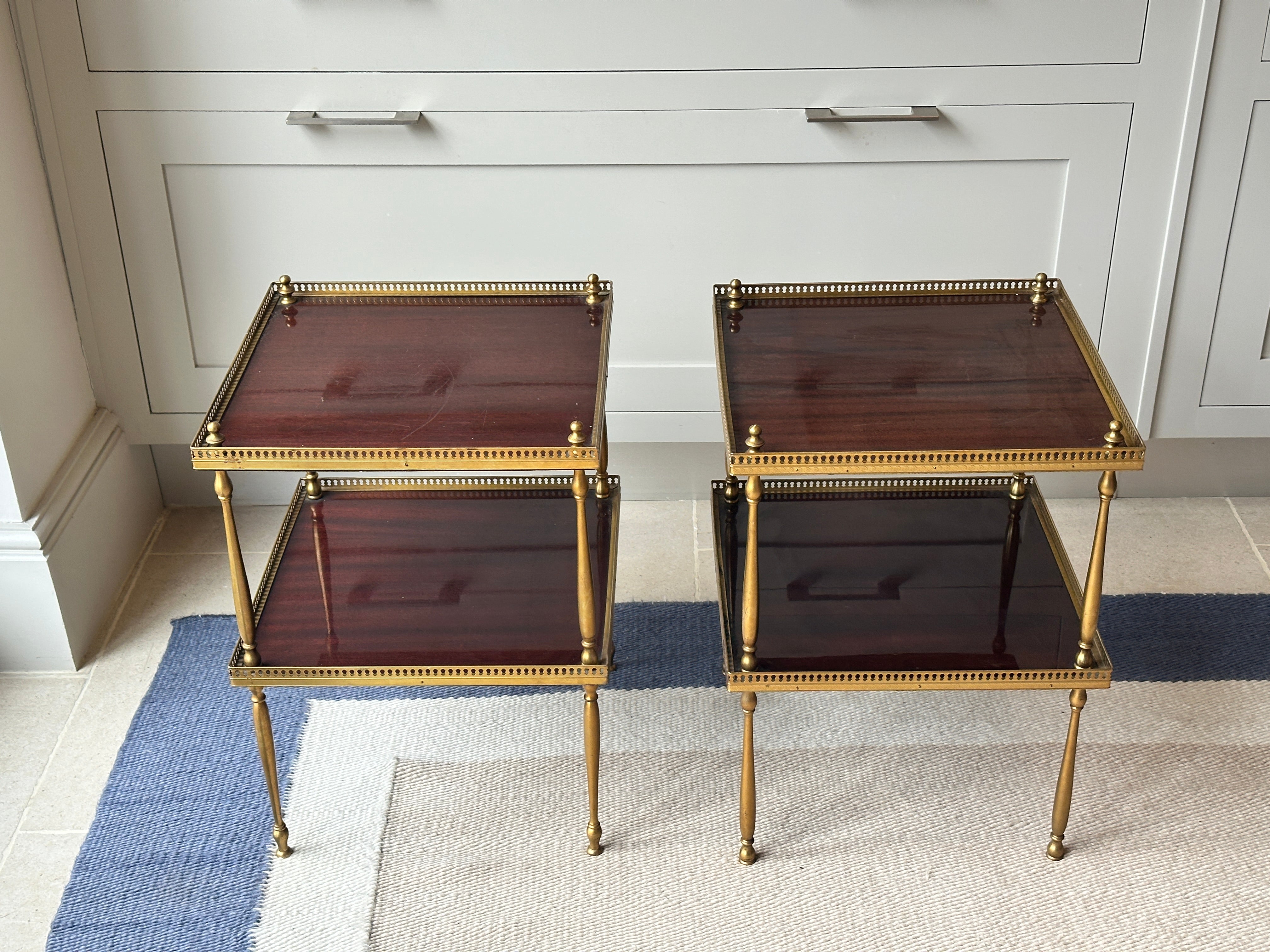 Pair of Mid Century Danish Brass and Mahogany etageres