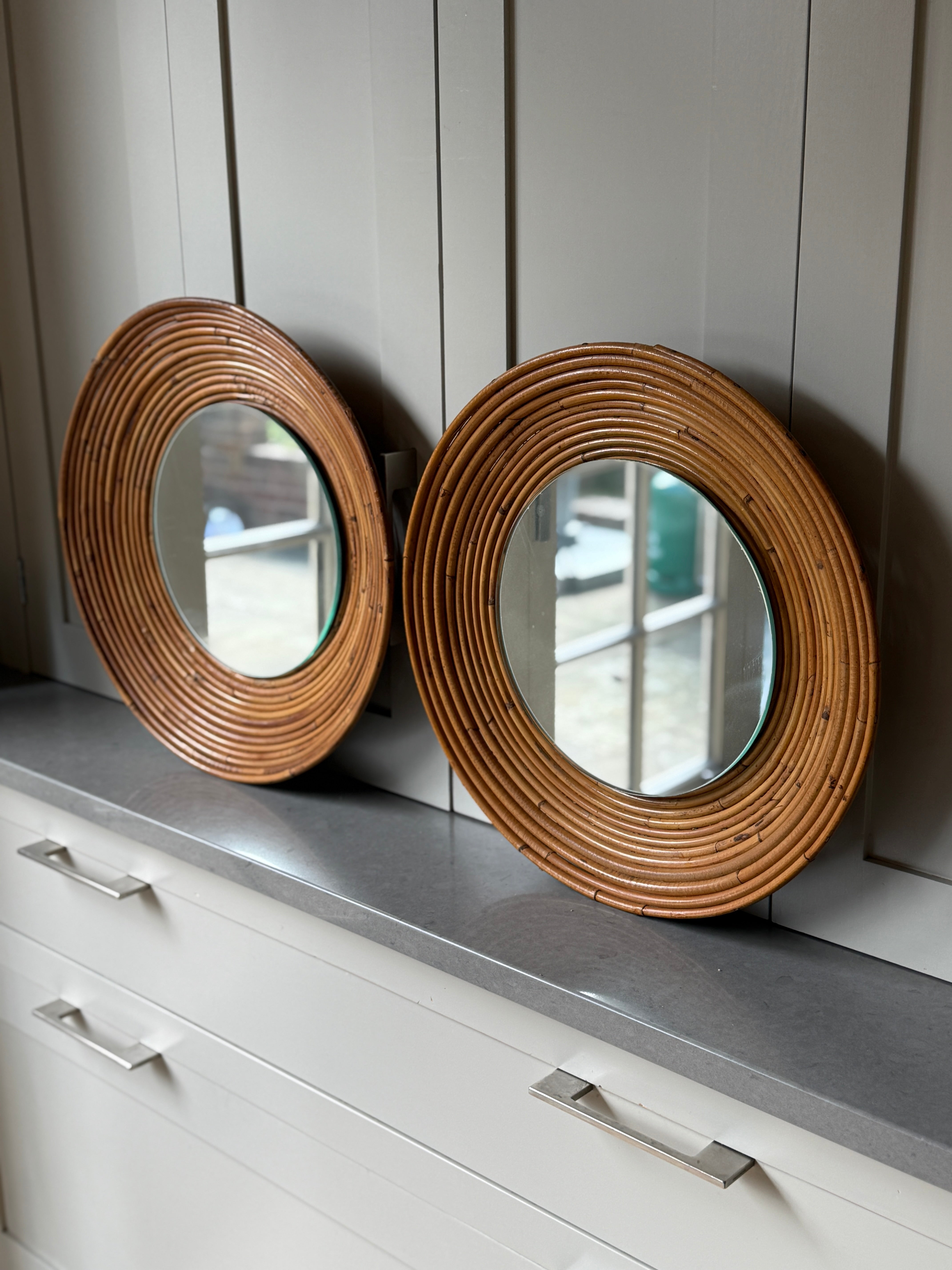 Pair of Round Rattan Mirrors - Italian 1960s