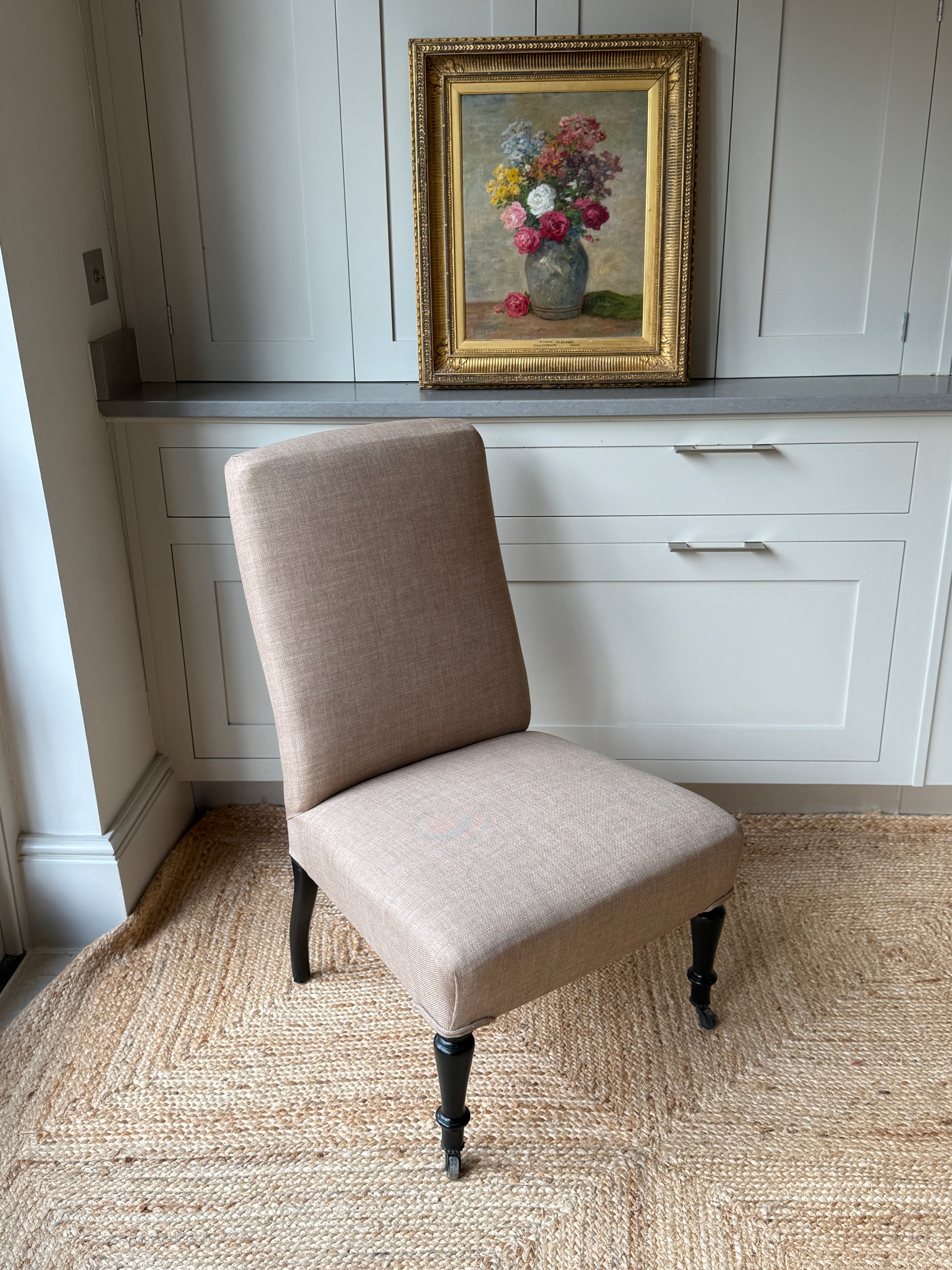 Late 19th Century Slipper Chair in heavy beige linen.