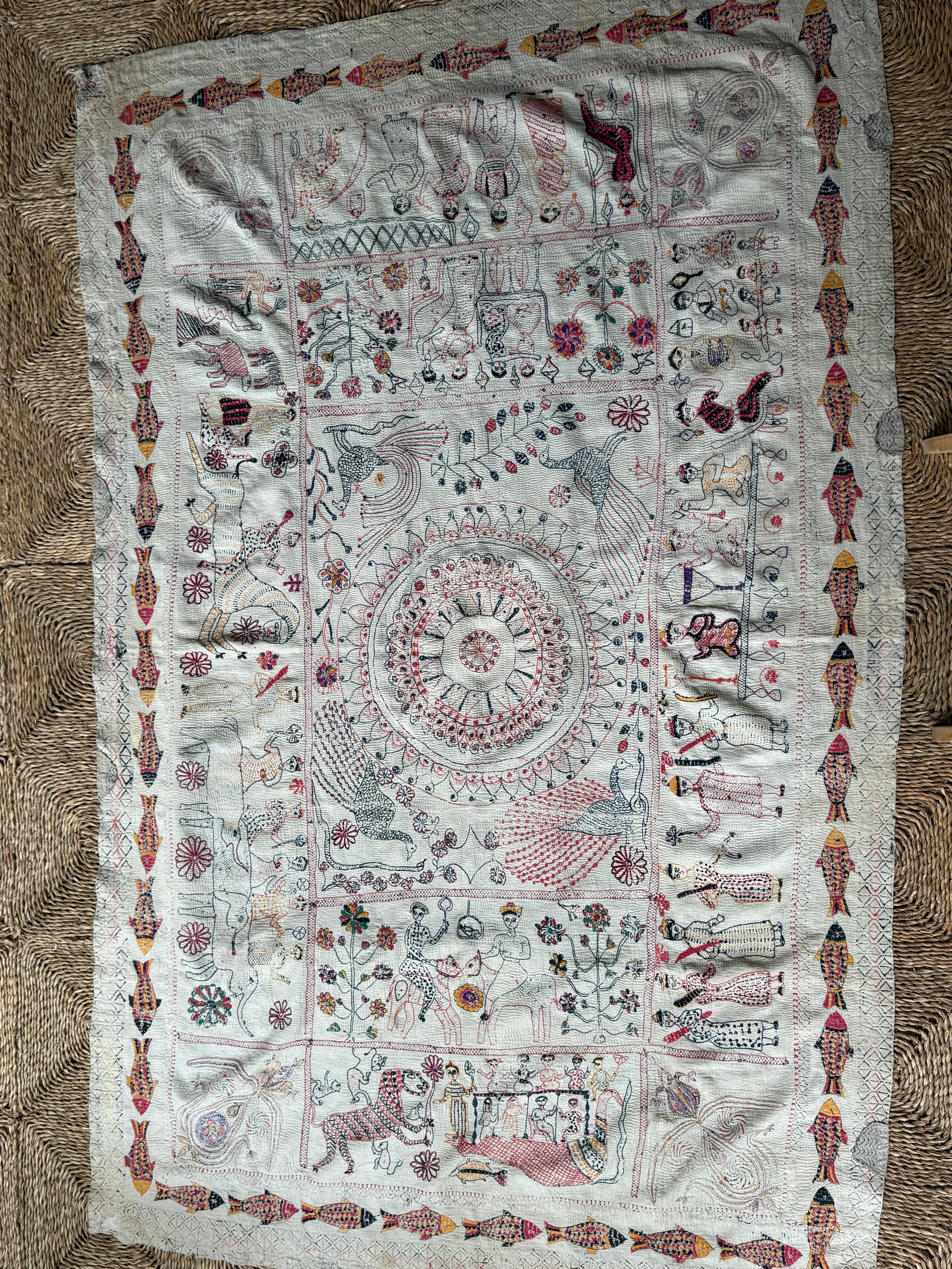 Rare Bengali Nakshi Kantha with Fish Border c late 19th Century