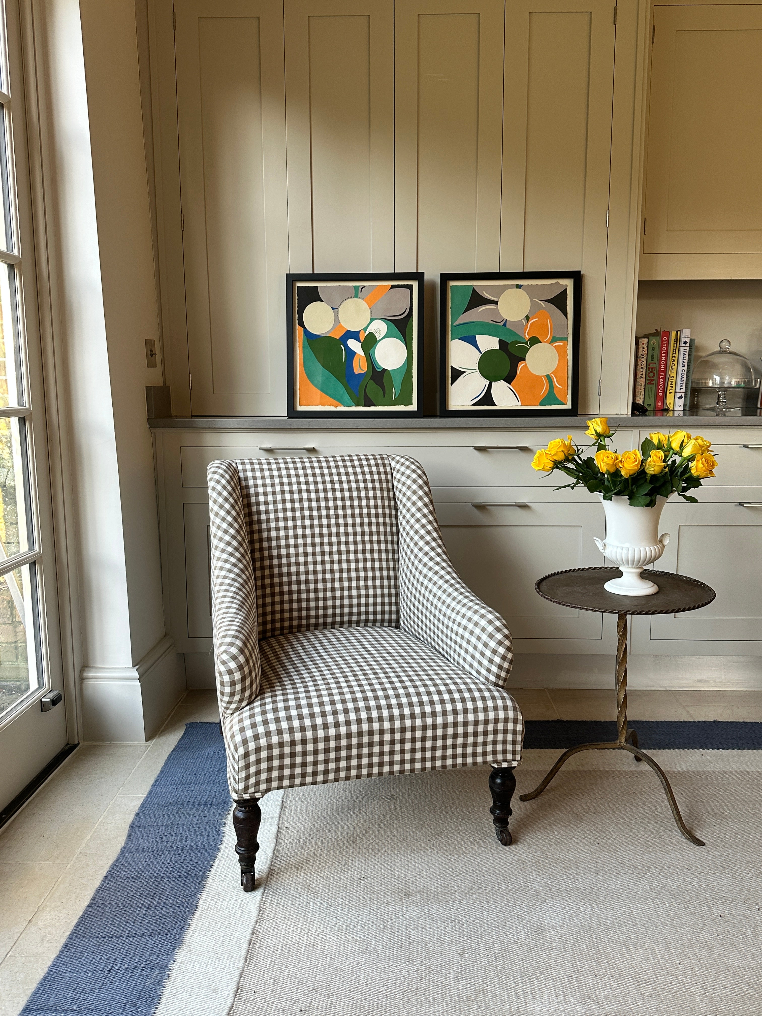 English Armchair on Castors Upholstered in Gingham Brown