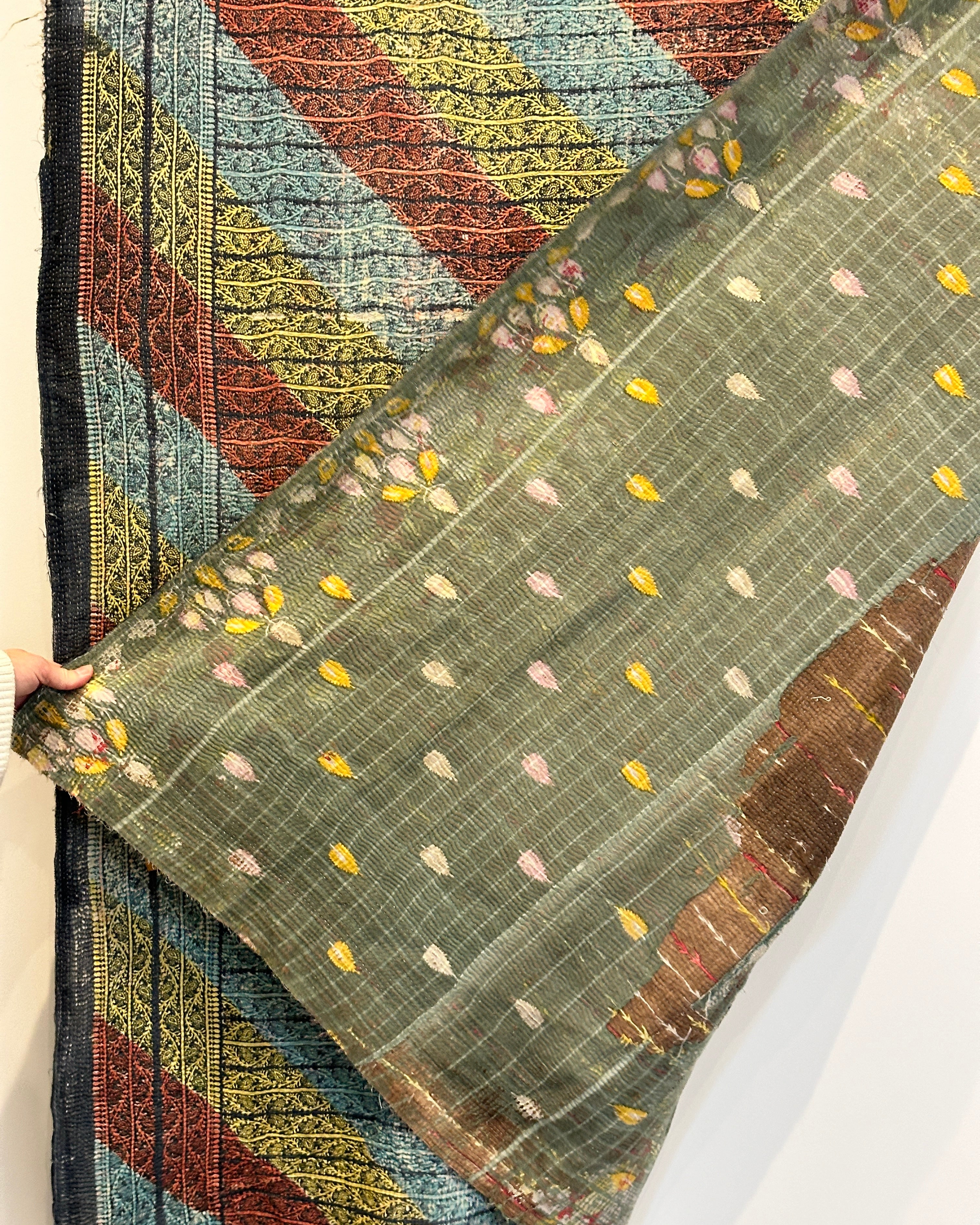 Vintage Kantha in Blue, Red and Yellow