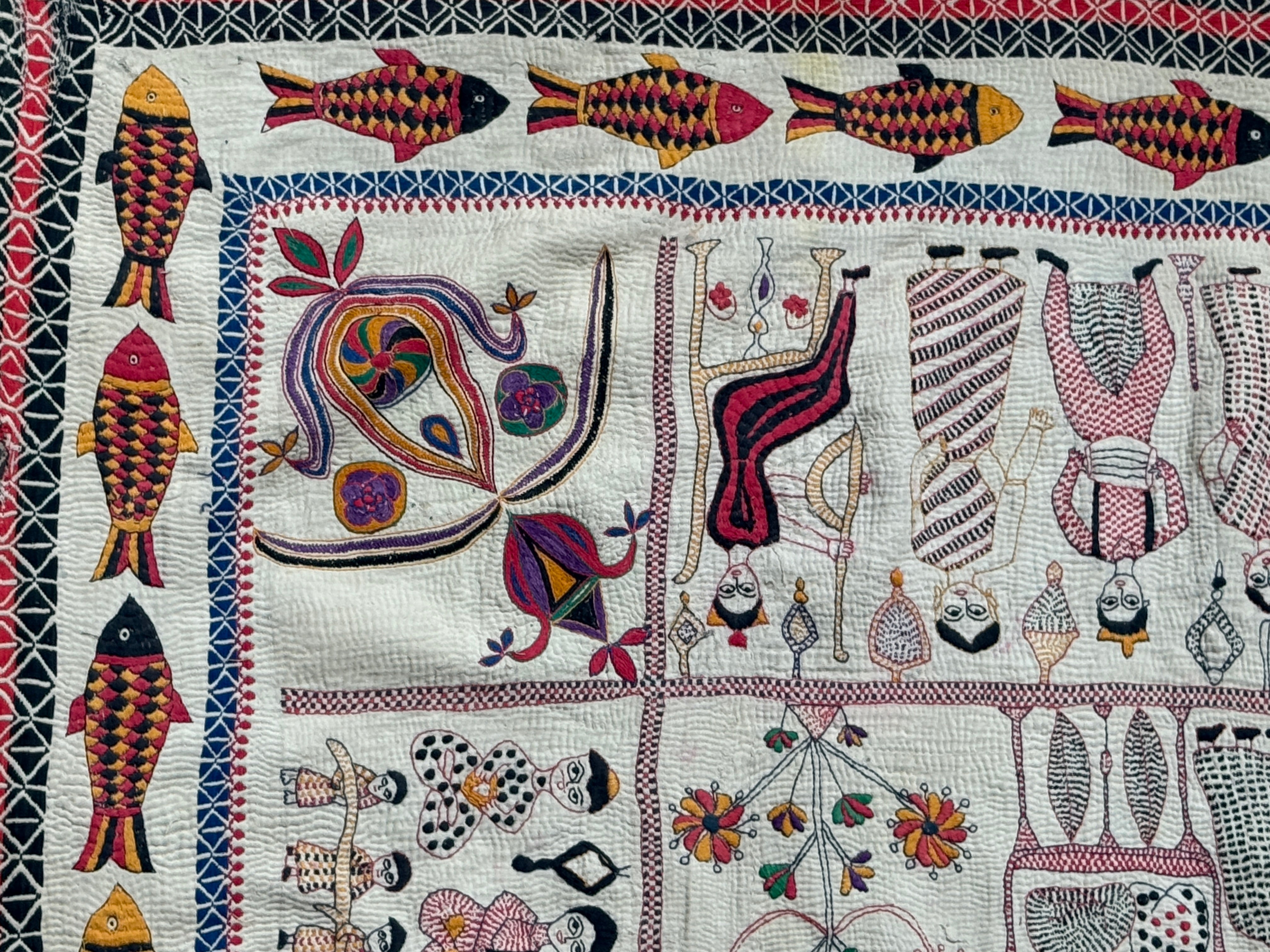 Rare Bengali Nakshi Kantha with Fish Border c late 19th Century