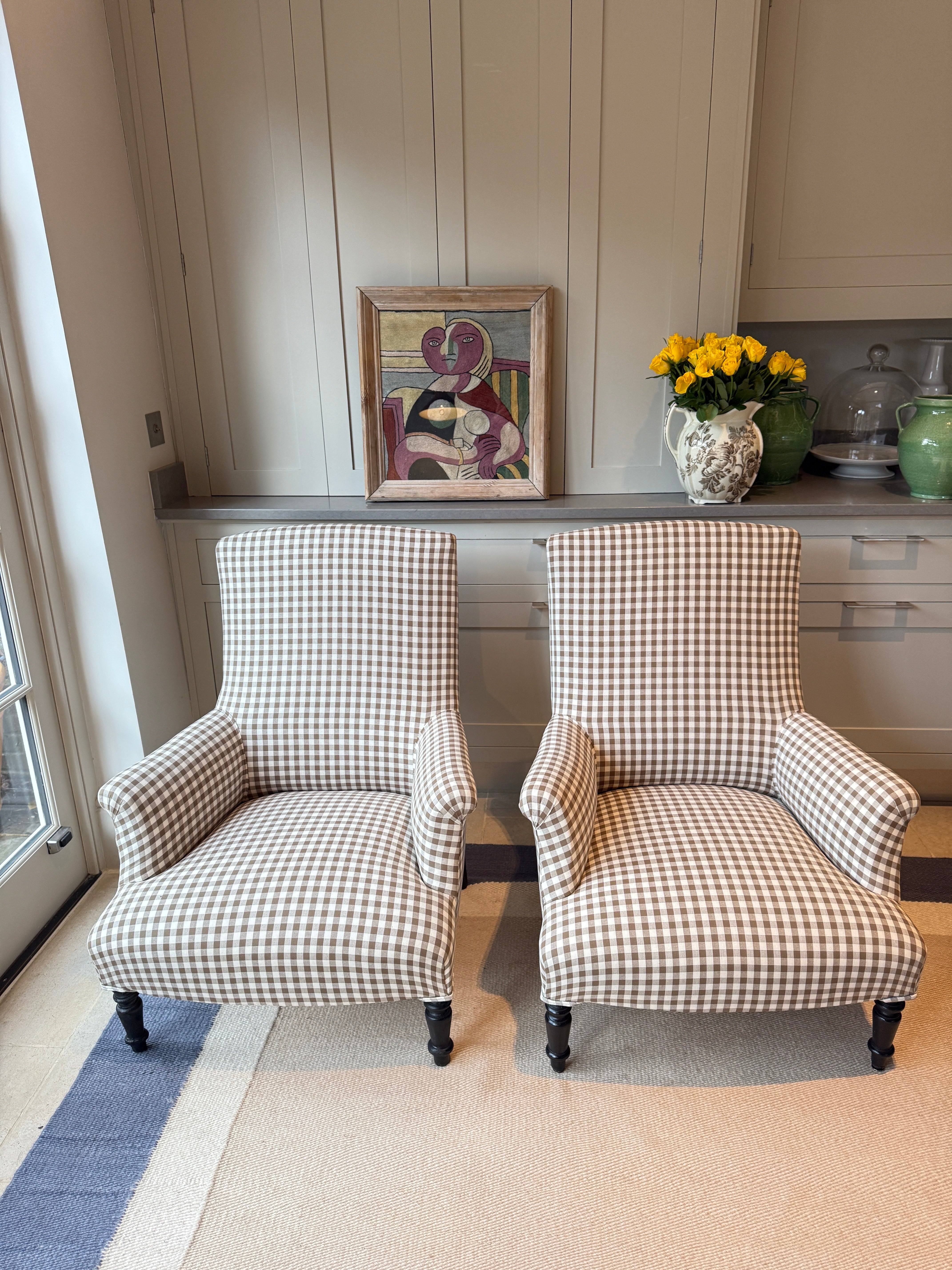 Pair of French Squareback Chairs in Brown Gingham