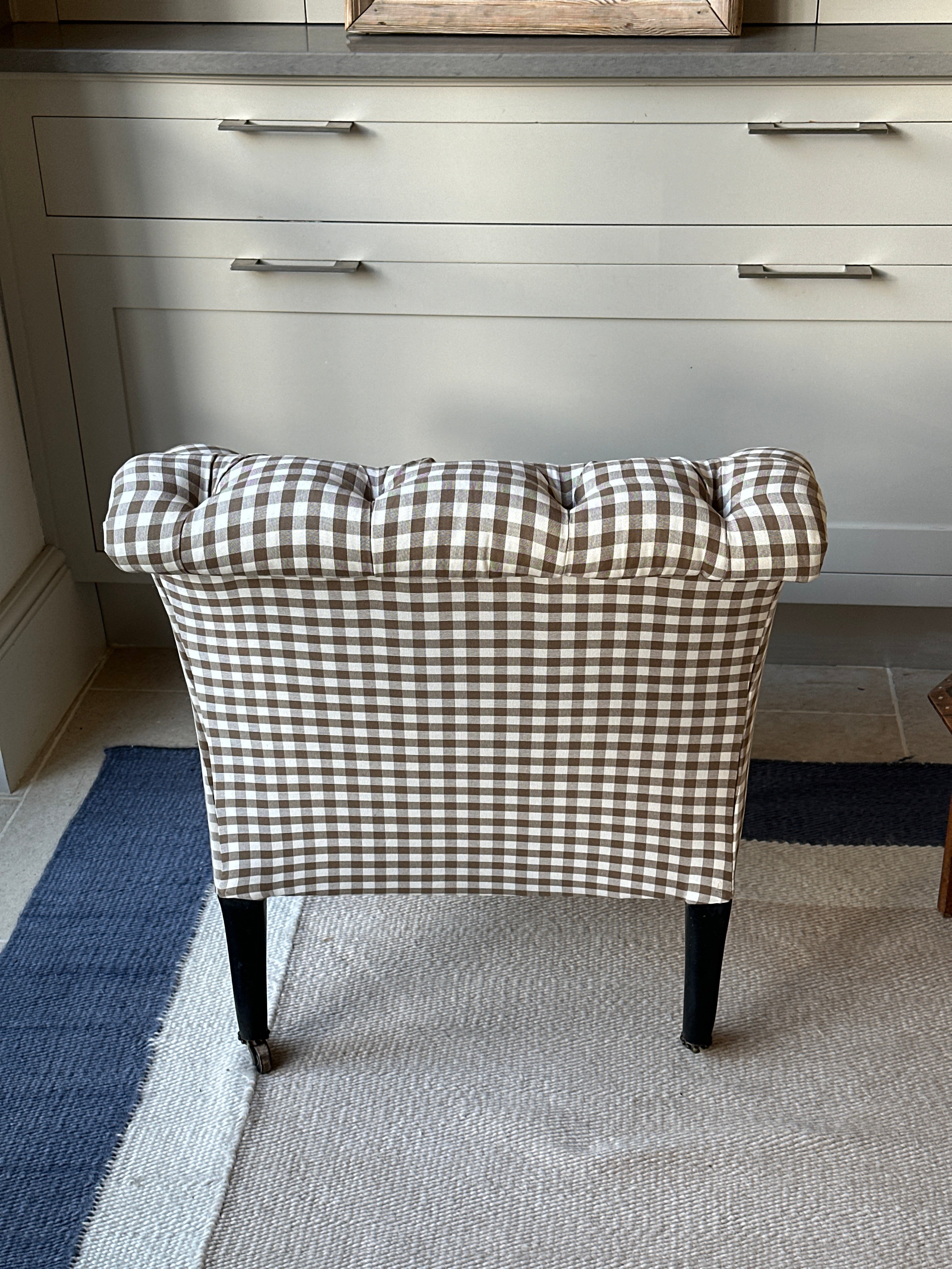 Small French Button Back Chair in Brown Gingham