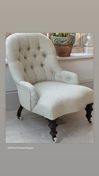 English Button Back Tub Chair in Tonal Ticking by Kathryn M Ireland