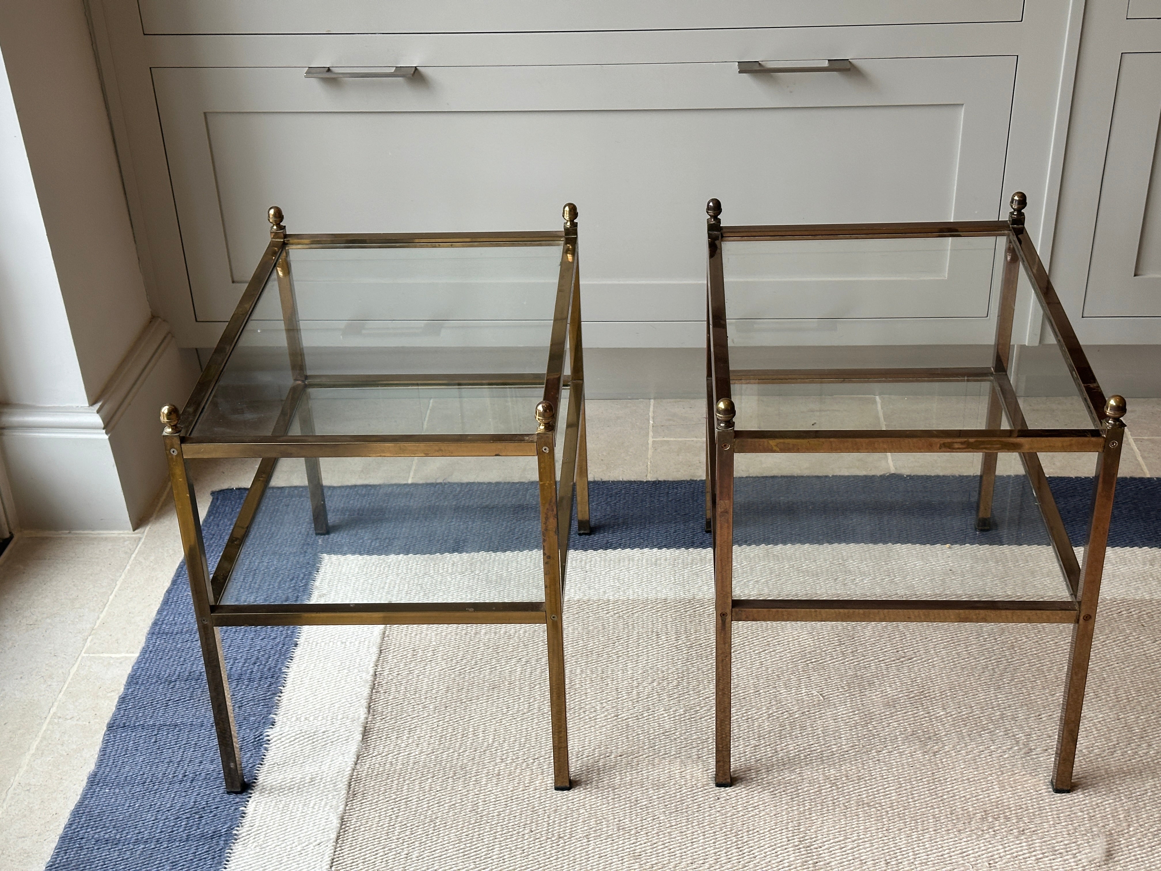 Pair of Danish Mid Century Brass and Glass Side Tables