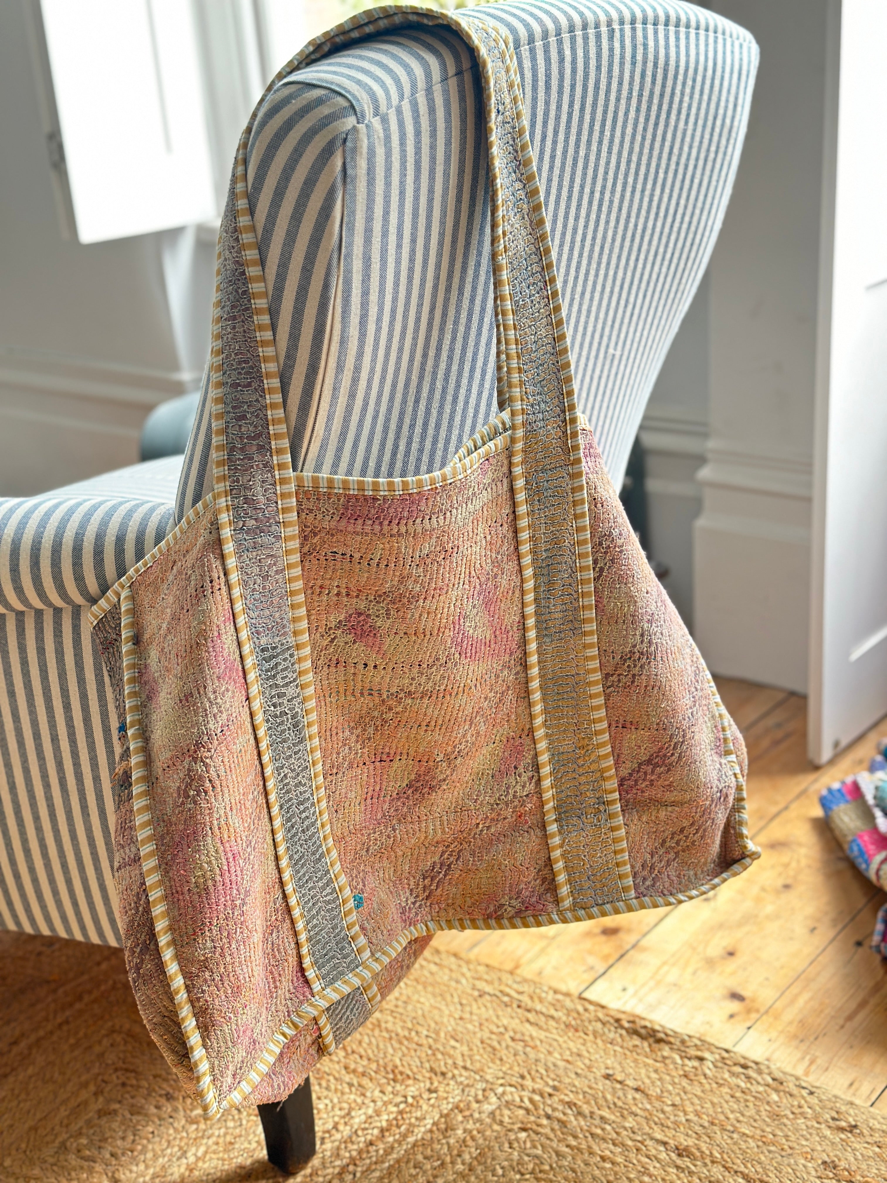 Vintage Indian Kantha Totes with Stripy Piping