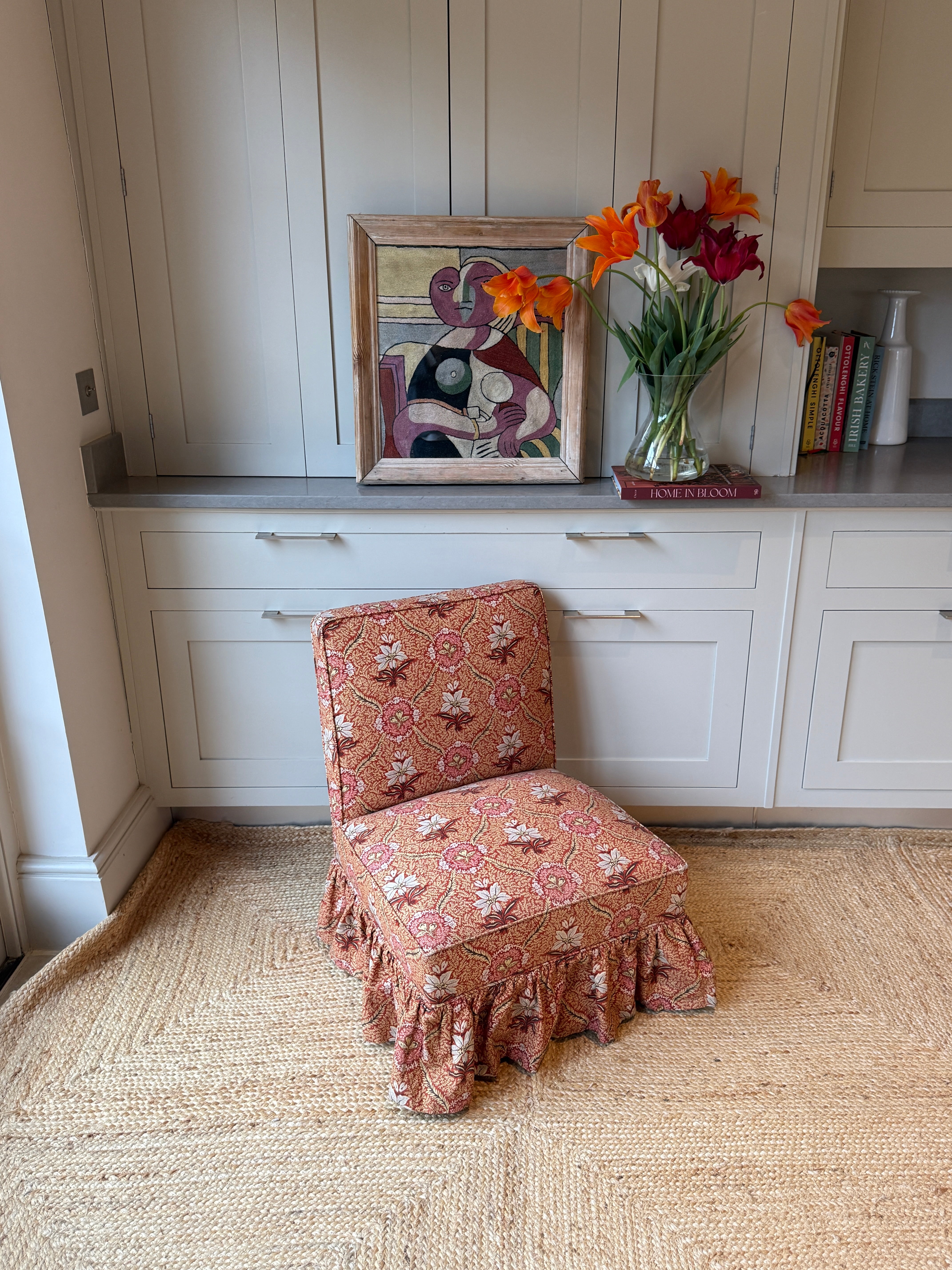 French Antique Slipper Chair with vintage floral fabric