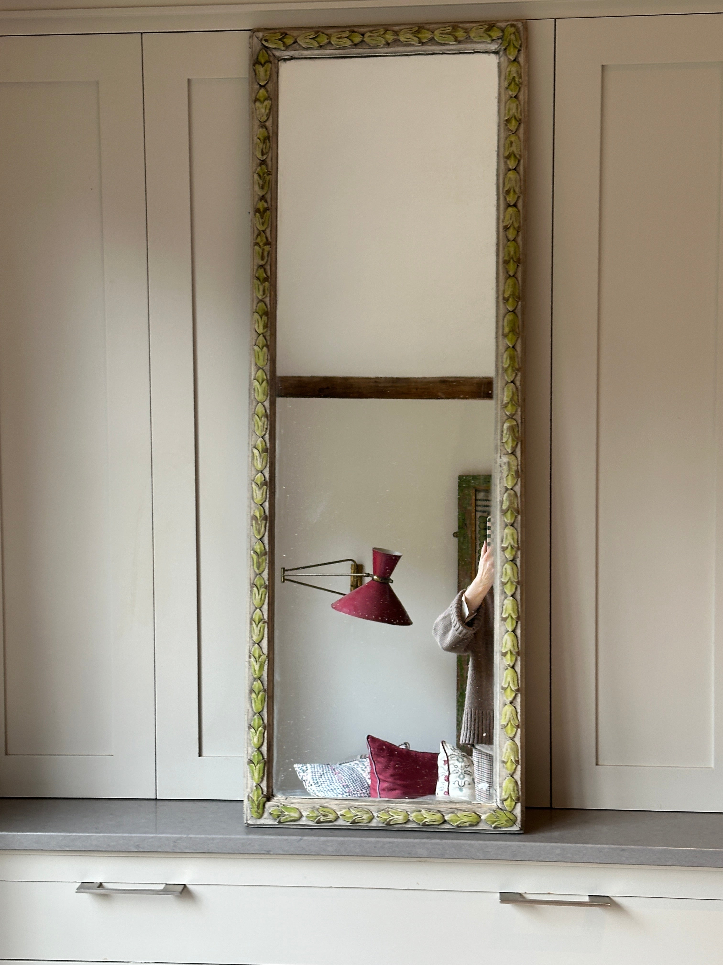 French Green Painted Mirror with Wood Carvings