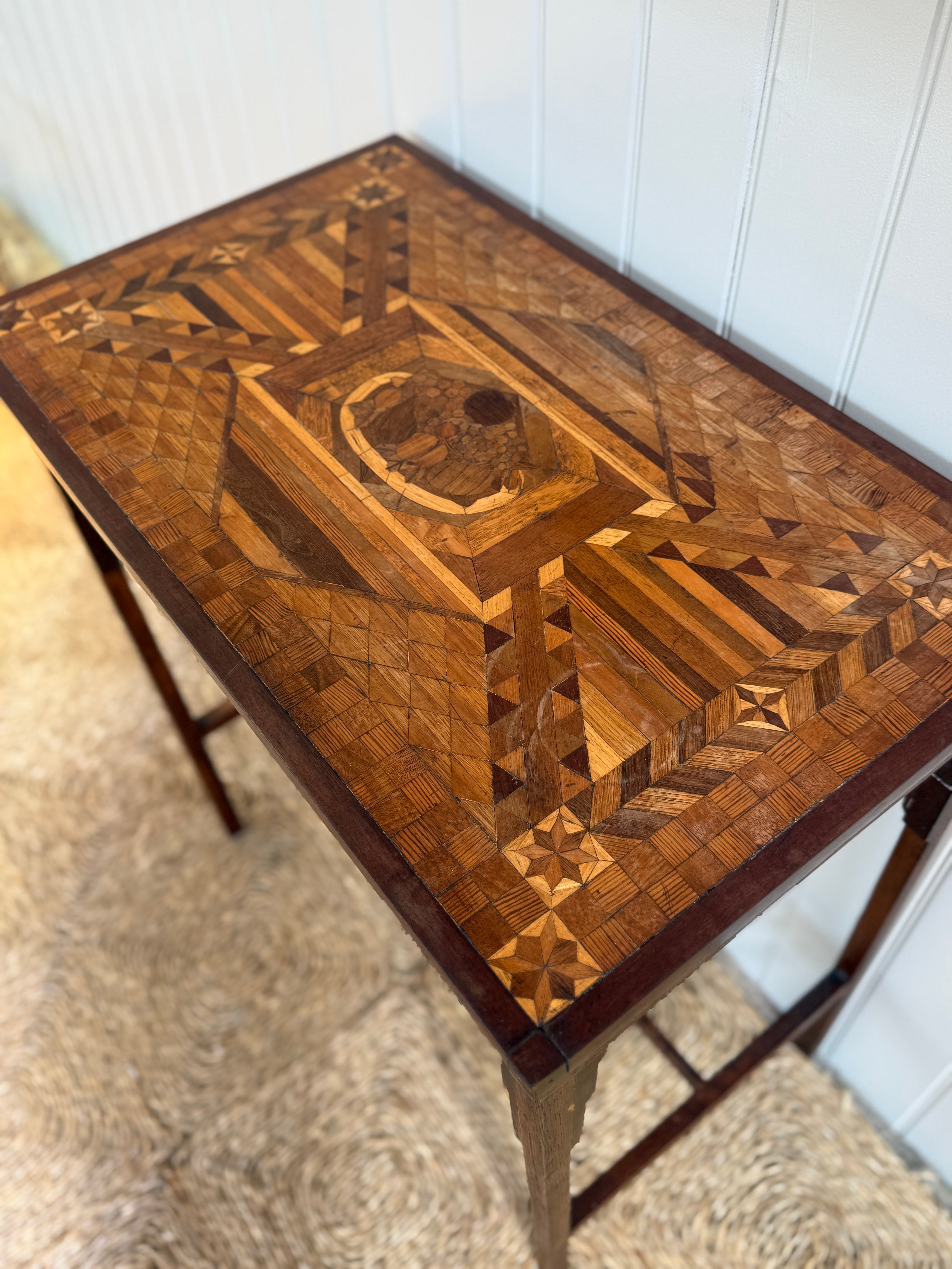 Marquetry Side Table with Stretcher