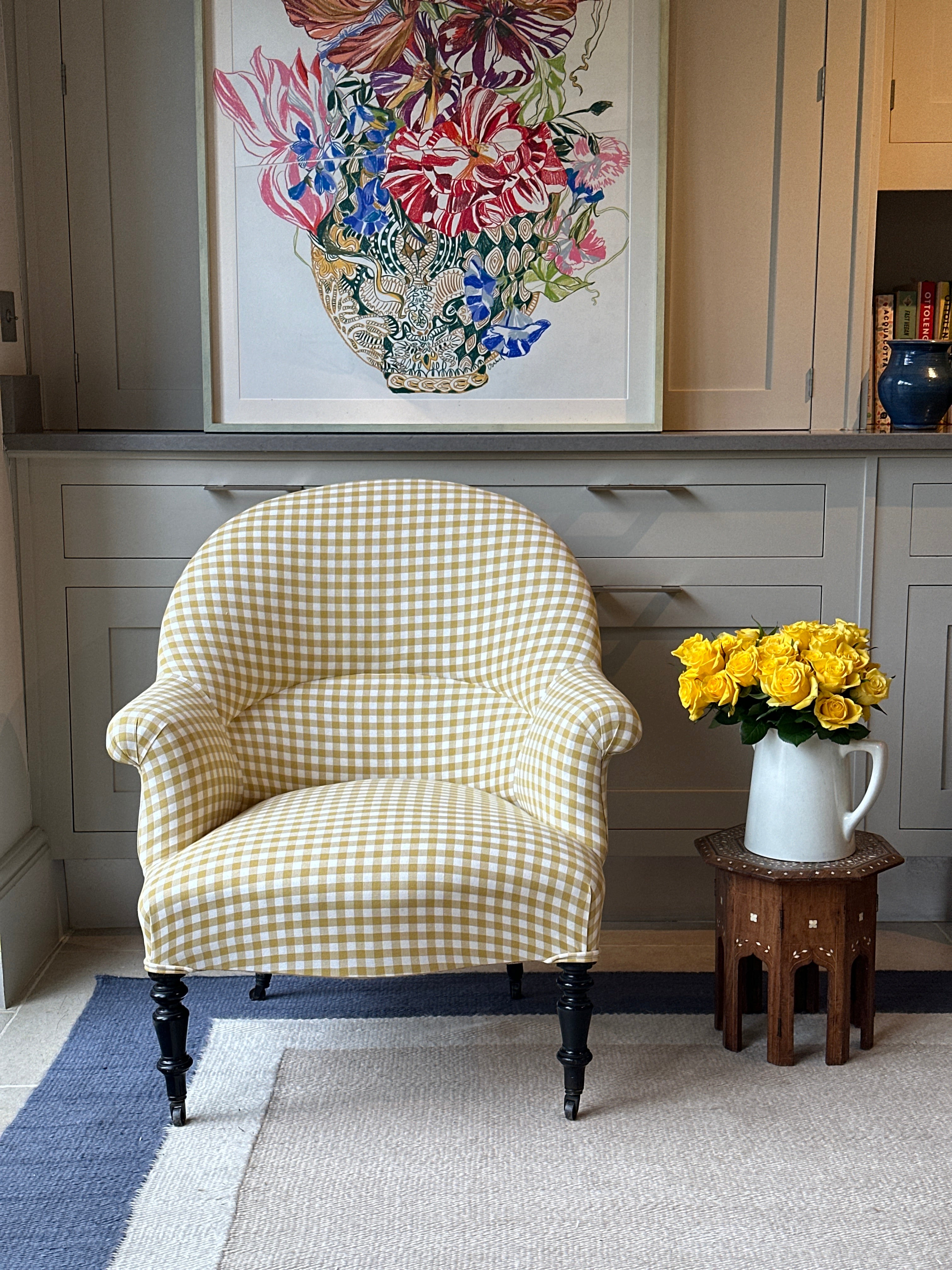 Single French Crapaud Tub Chair in Yellow Gingham