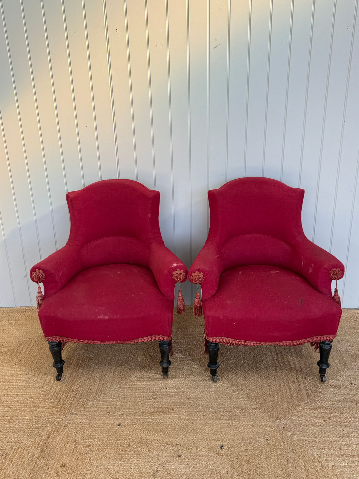 Pair of Red Baise Chapeau de Gendarmes Armchairs