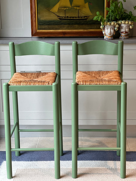 Pair of Rush Seat Wooden Barstools in F&B Calke Green