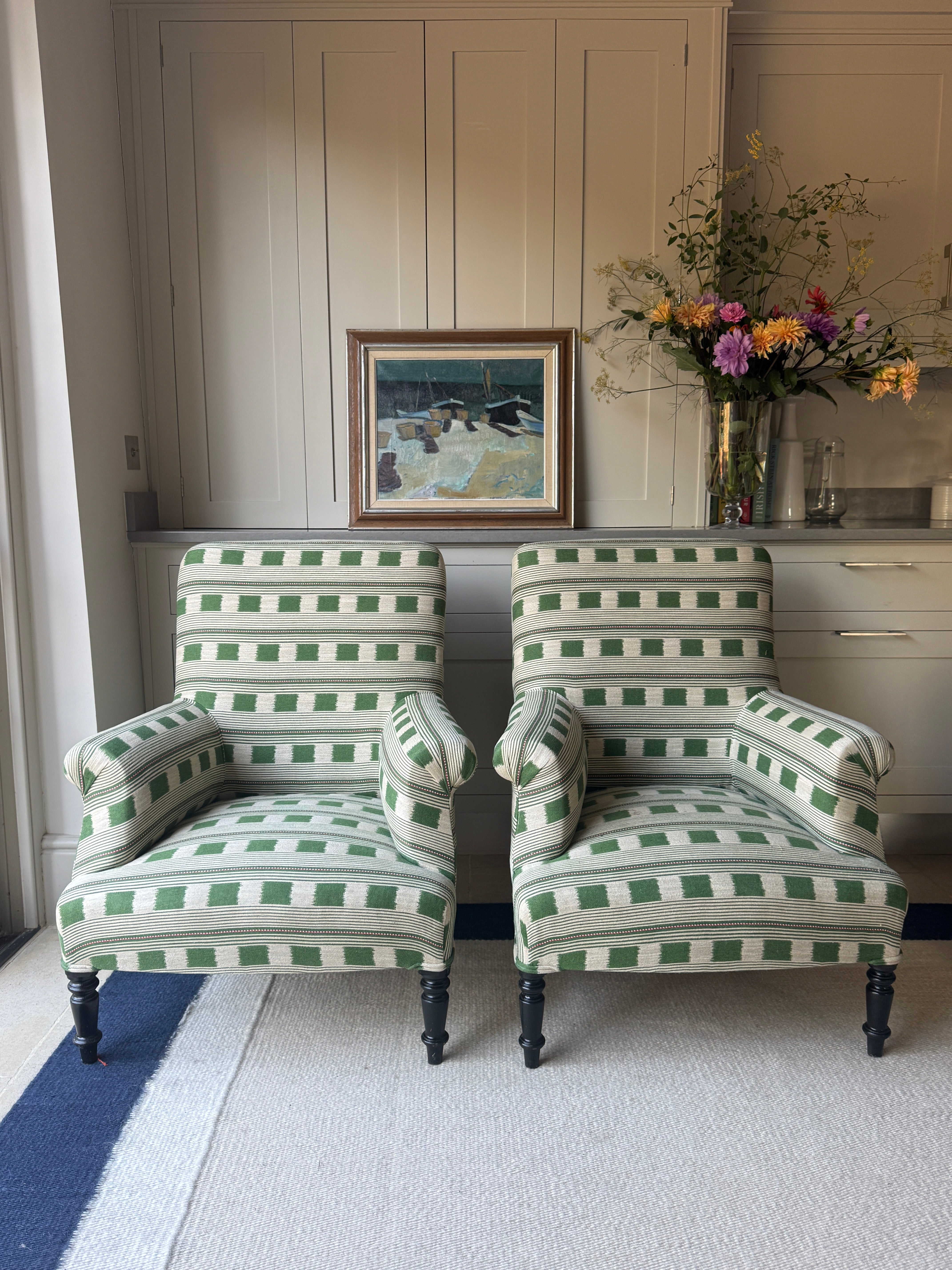 Pair of French Squareback Armchairs in Christopher Farr - Lost and Found