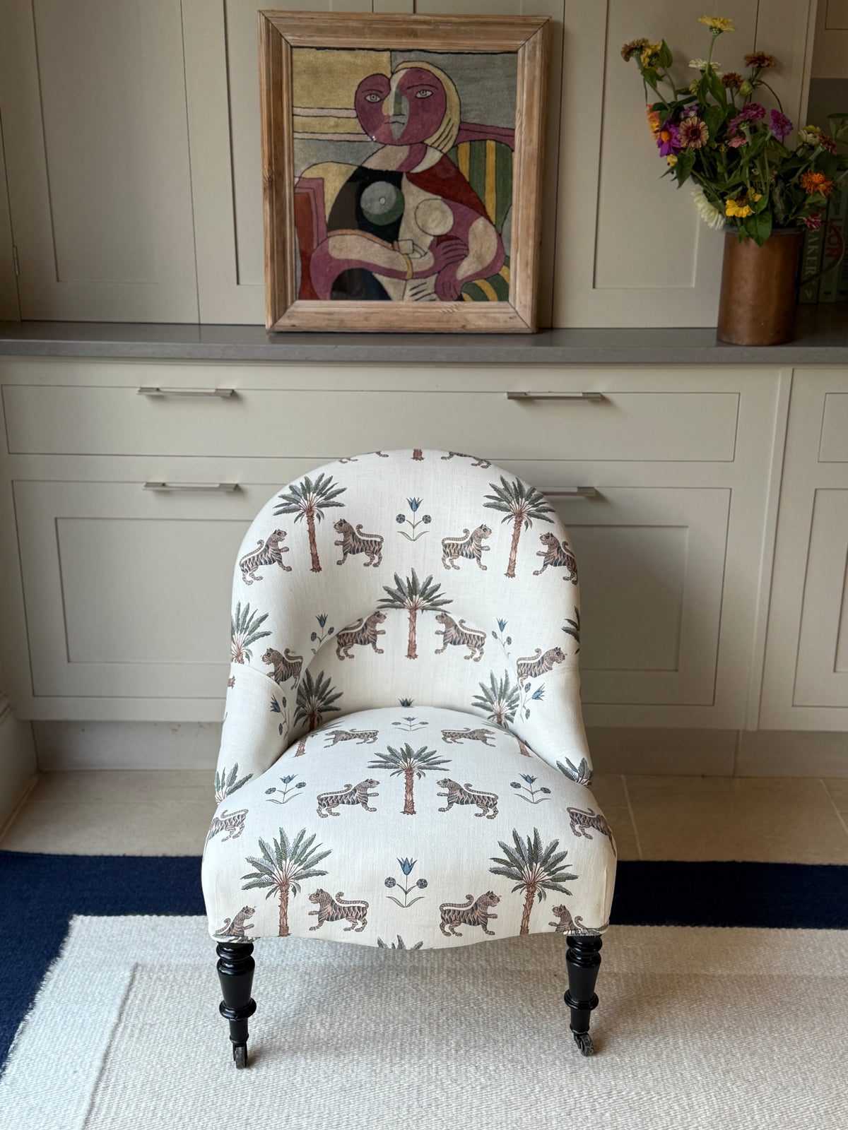 Antique French Slipper Chair in Schumacher ‘ Tiger Palm’