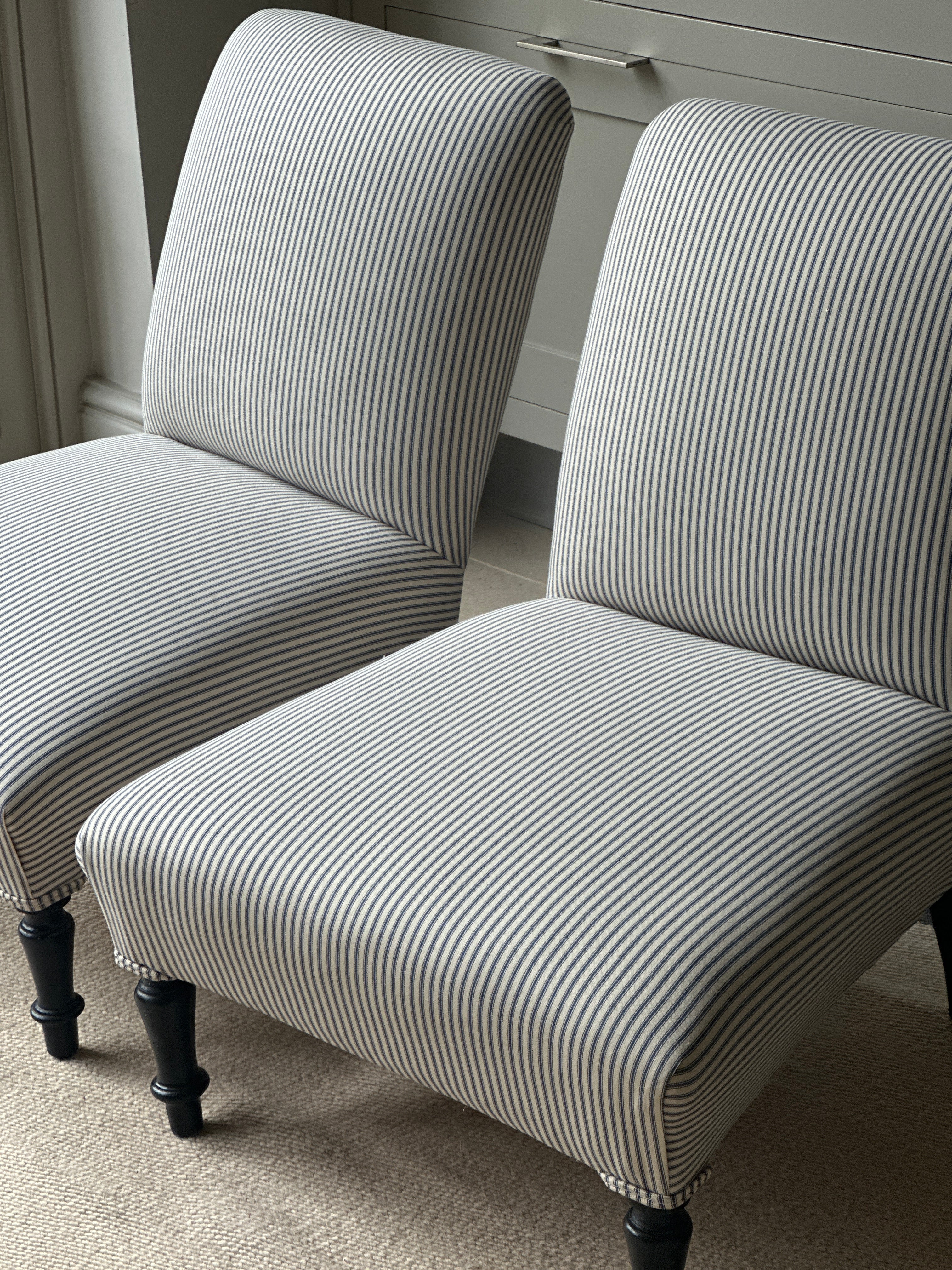 Pair of French 19th Century Slipper chairs in modern blue ticking