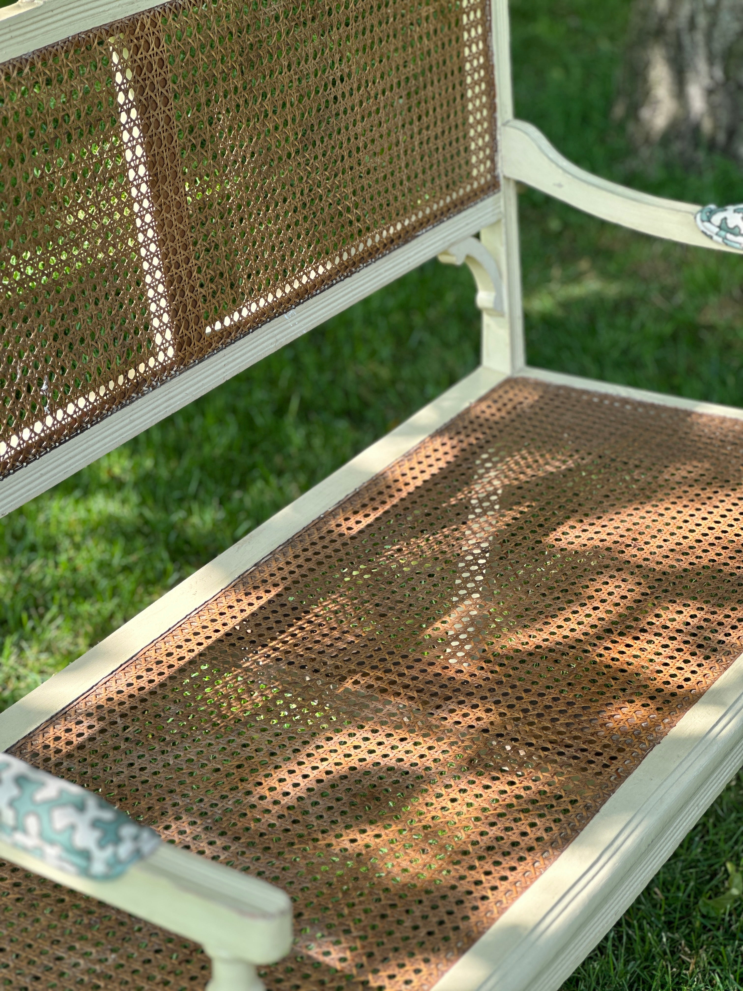 19th Century Cane Bench with Cushion with Colefax & Fowler Squiggle Fabric