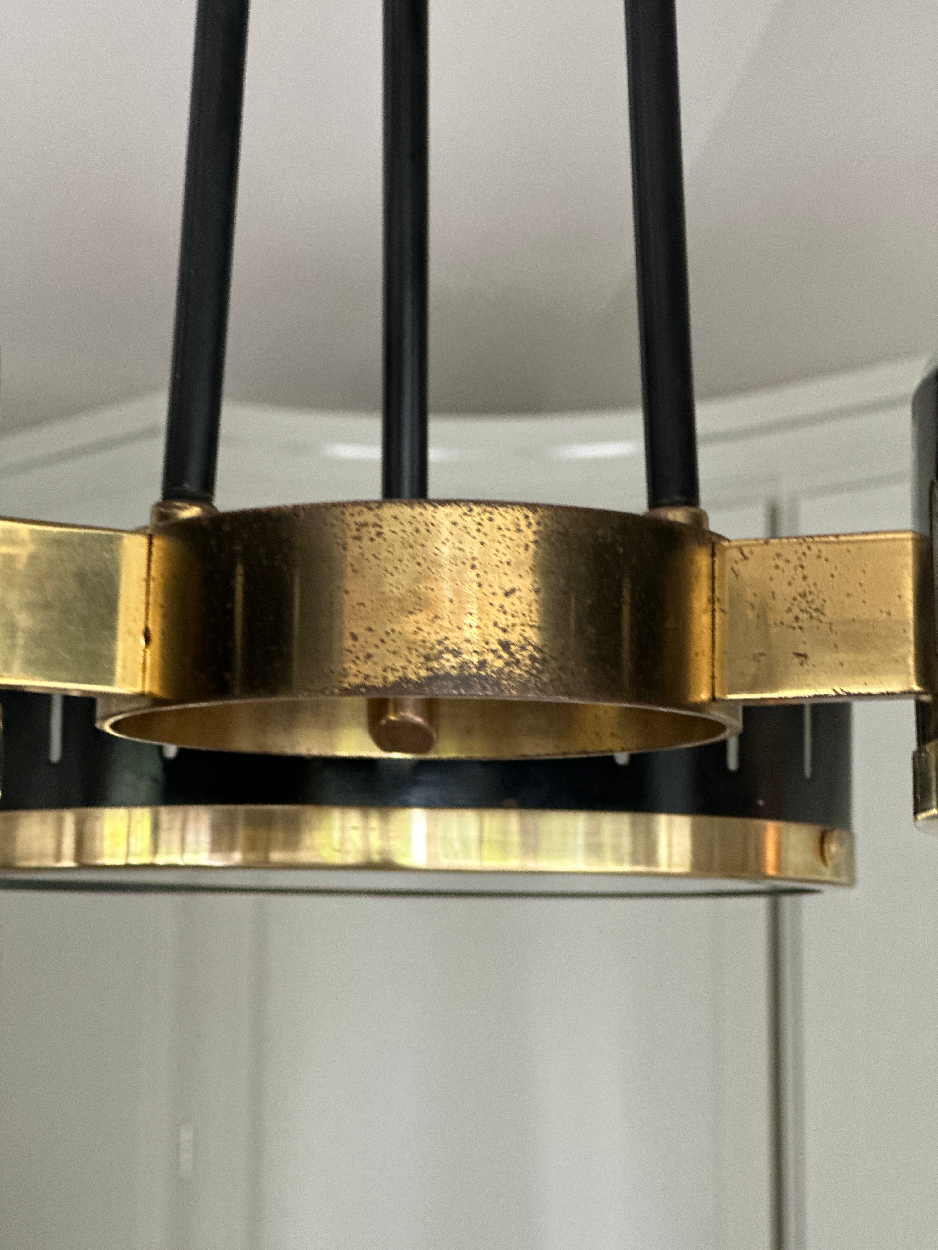 Large Italian 🇮🇹 1950s Suspension light in black metal  and brass by Stilux Milan.