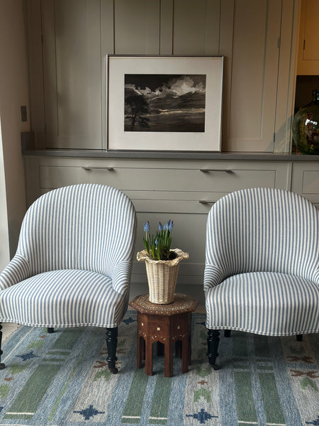 Pair of C19th French Slipper Chairs in Blue Ticking
