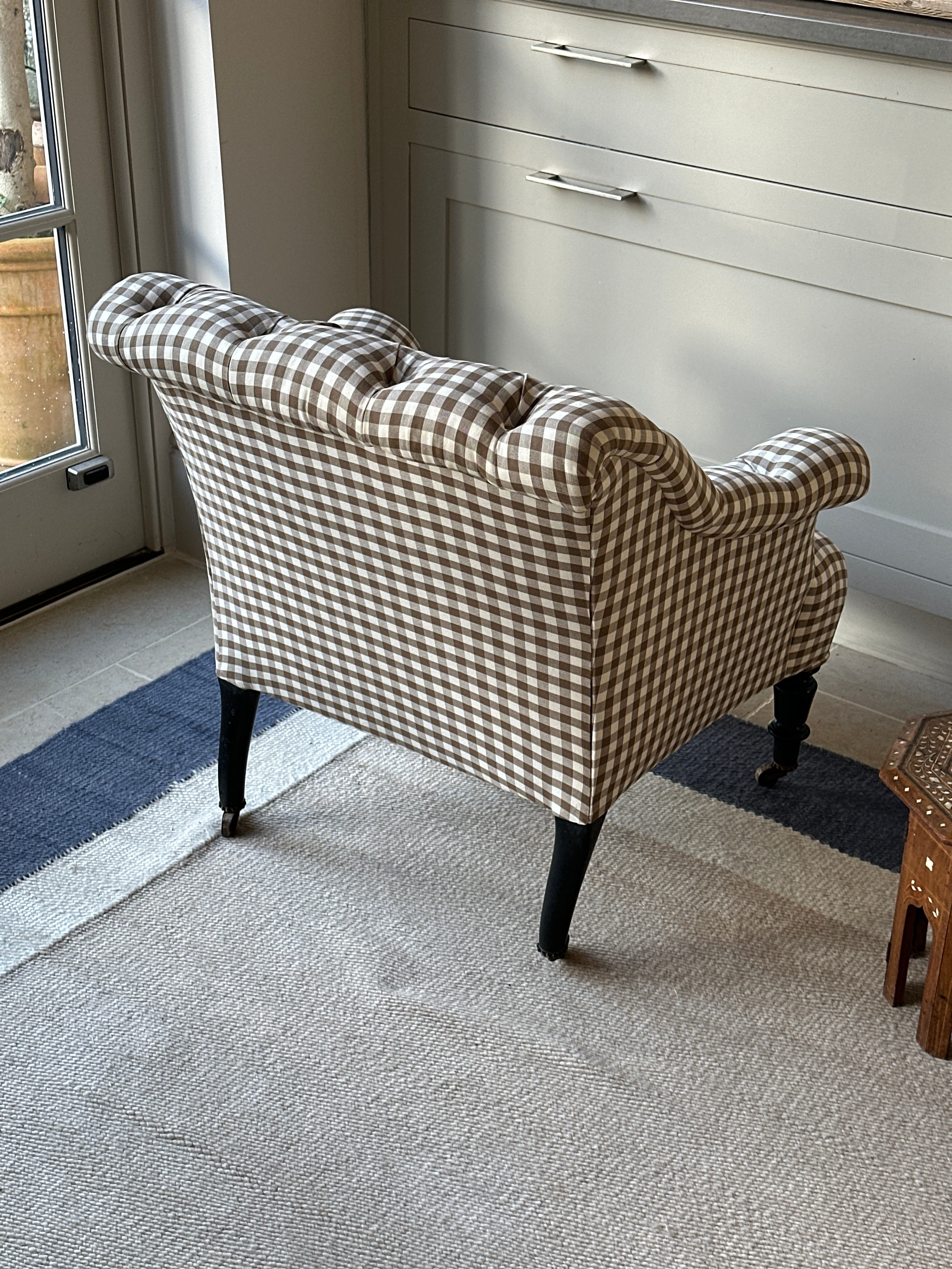 Small French Button Back Chair in Brown Gingham