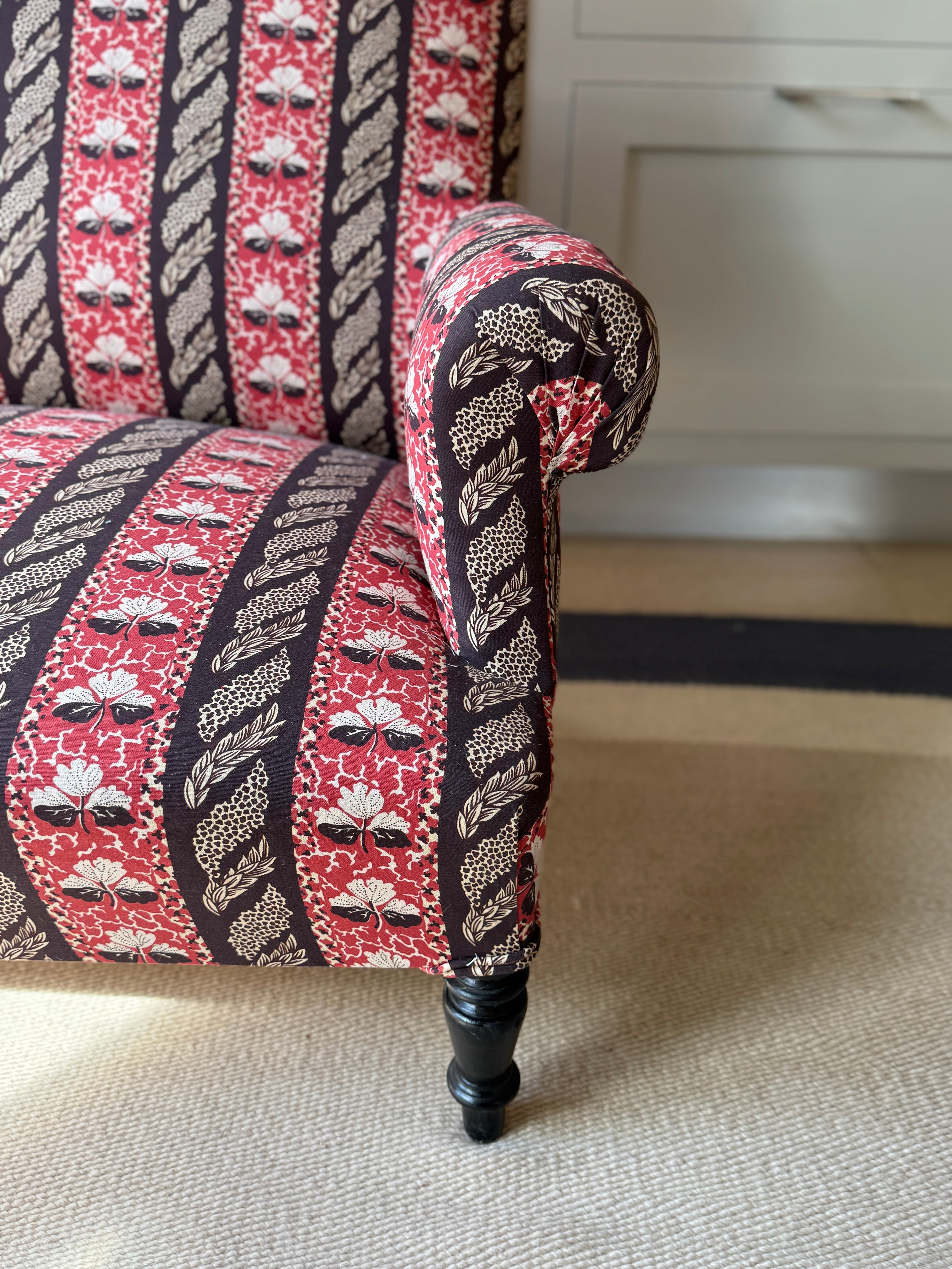 Small Napoleon III Squareback Sofa in Strawberry Leaf by Sybil Colefax