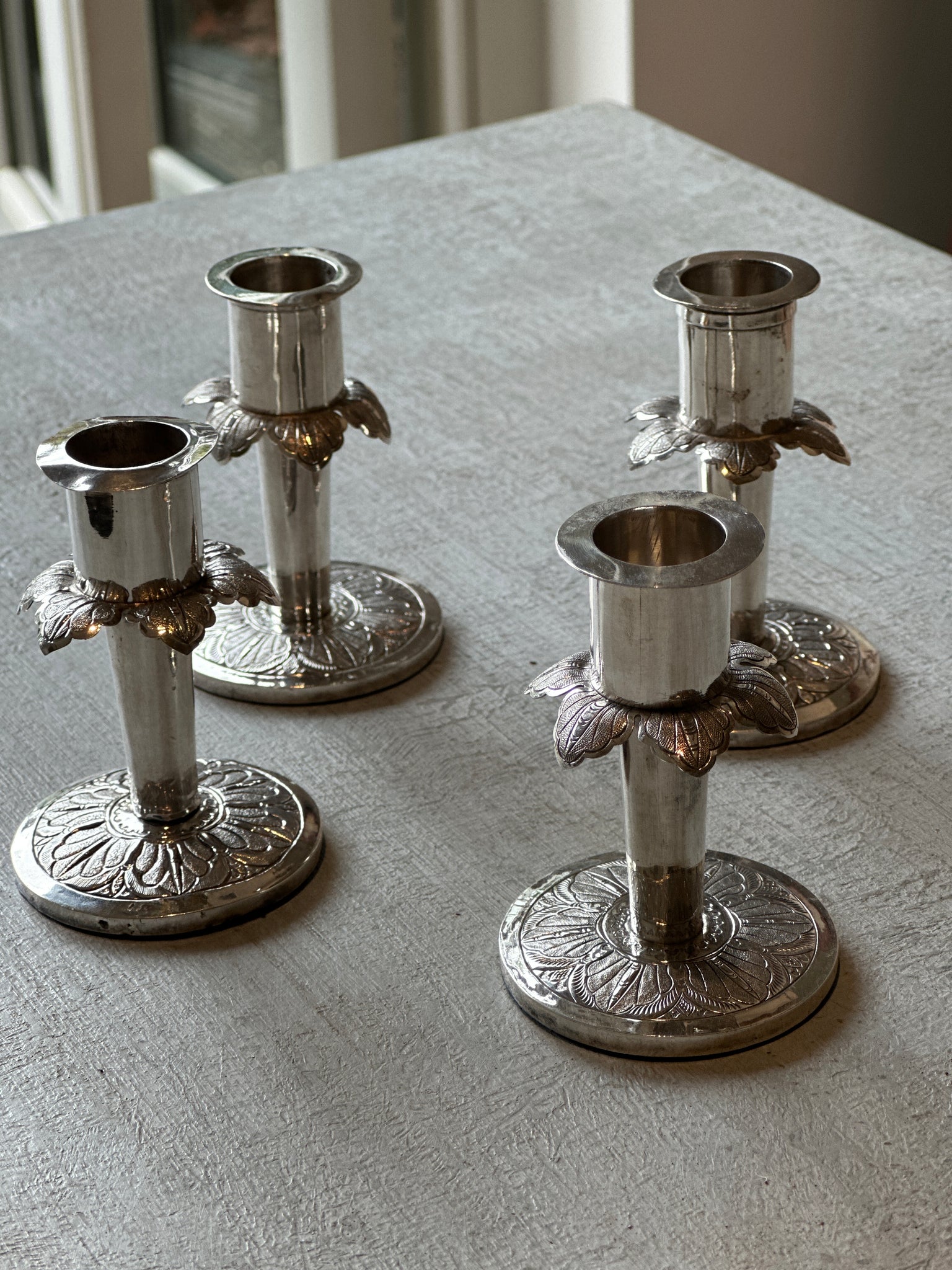 Charming Set of 4 Continental Silver Candlesticks with Petal Design