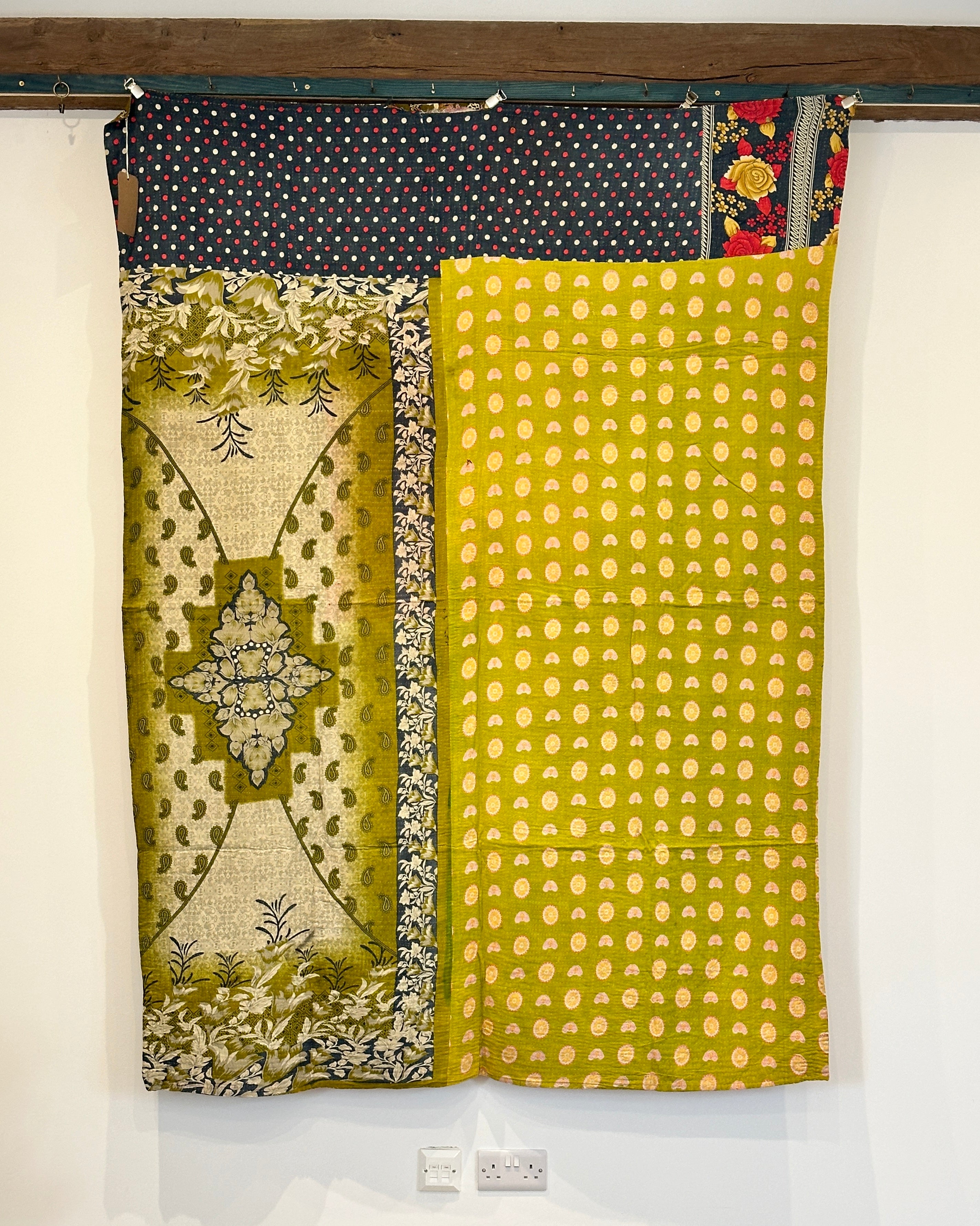 Vintage Kantha Quilt - Green & orange