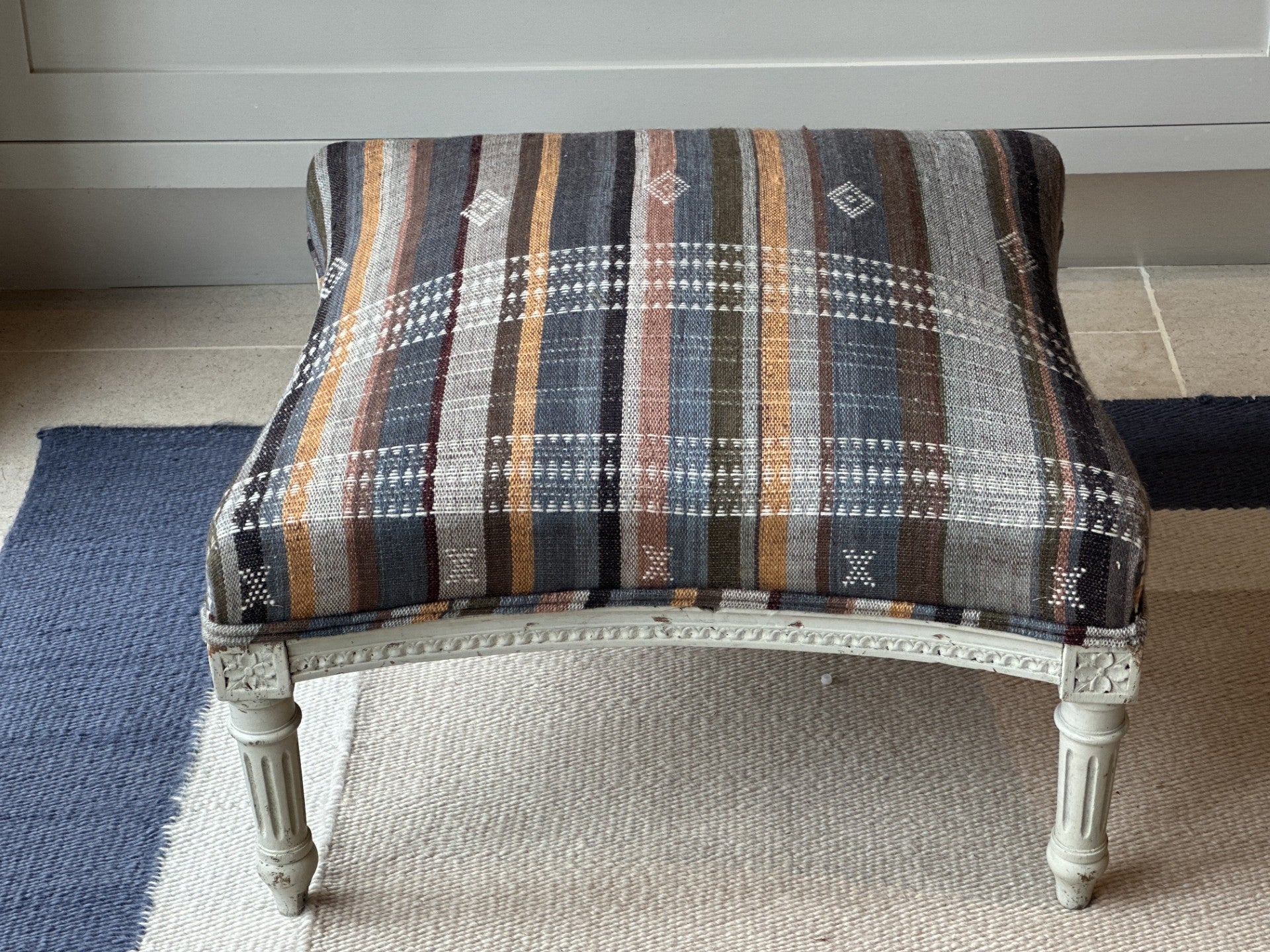 French Ottoman Reupholstered in a Gujarat Embroidered Camel Wool Shawl