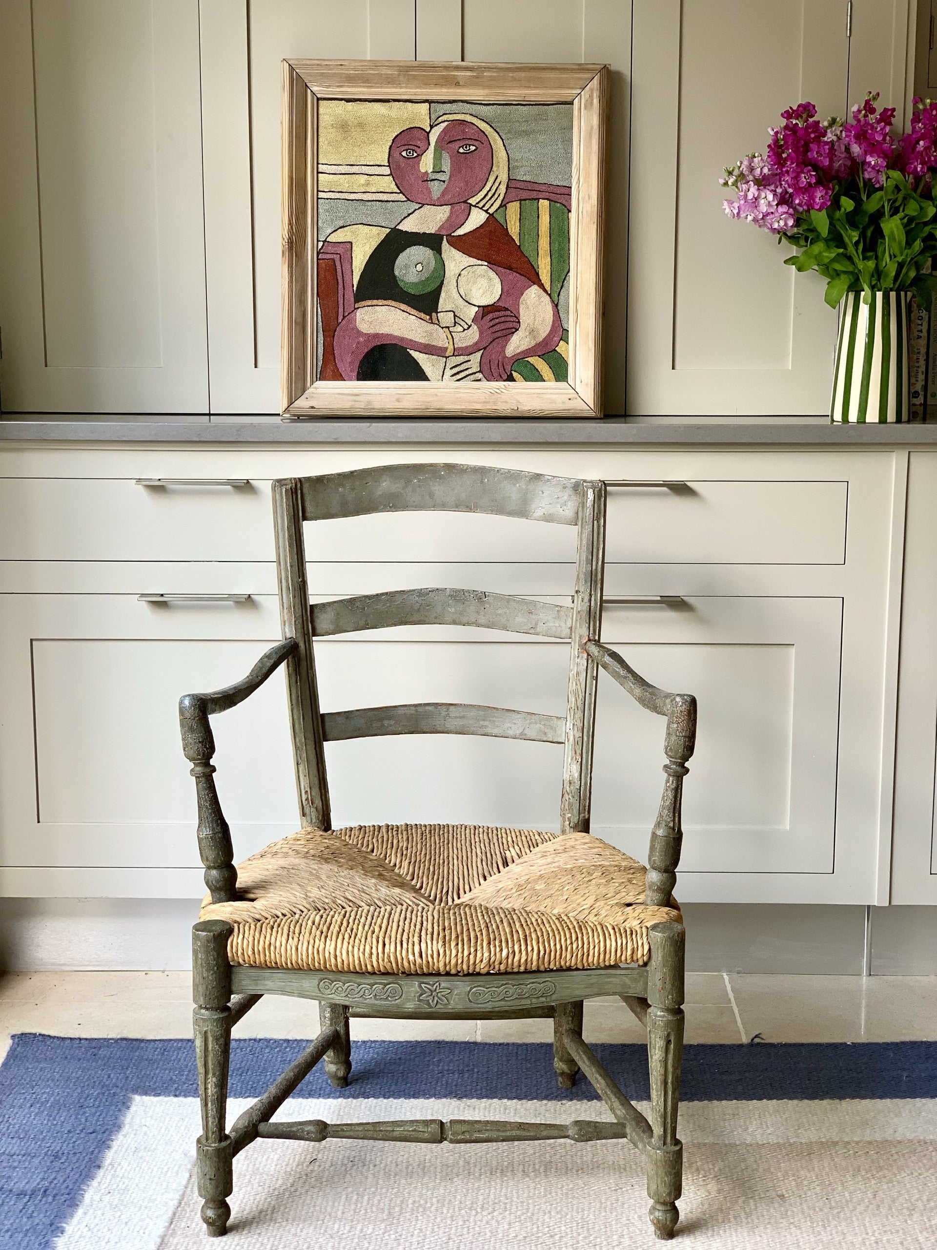 French Painted Ladder Back Chair with Rush Seat