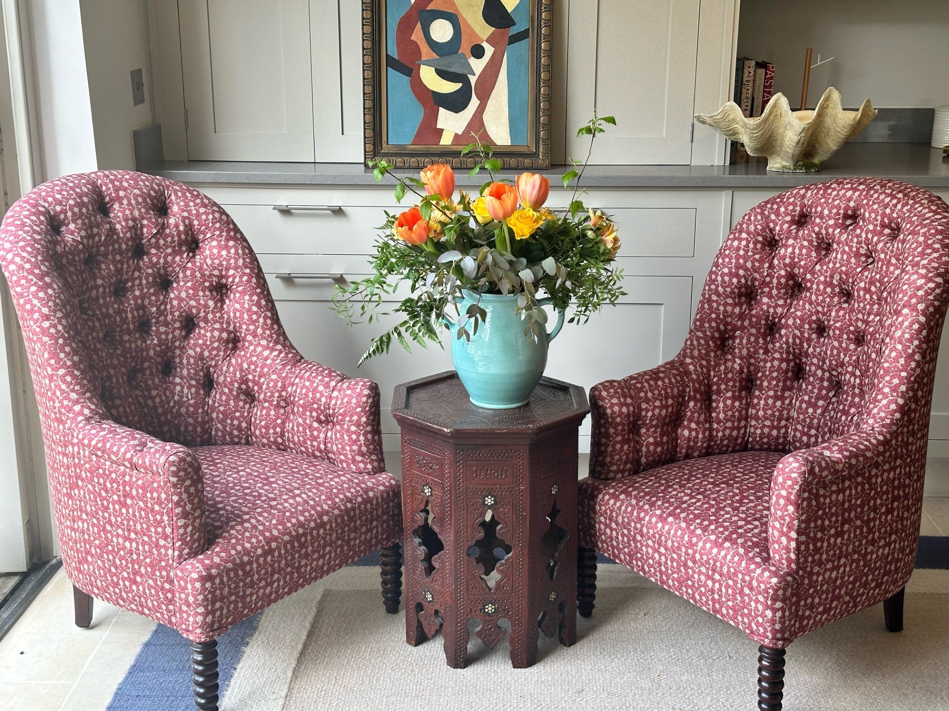 Amazing French Button Back Armchairs with Bobbin Turned Mahogany Feet and Upholstered in Robert Kime Ume Red