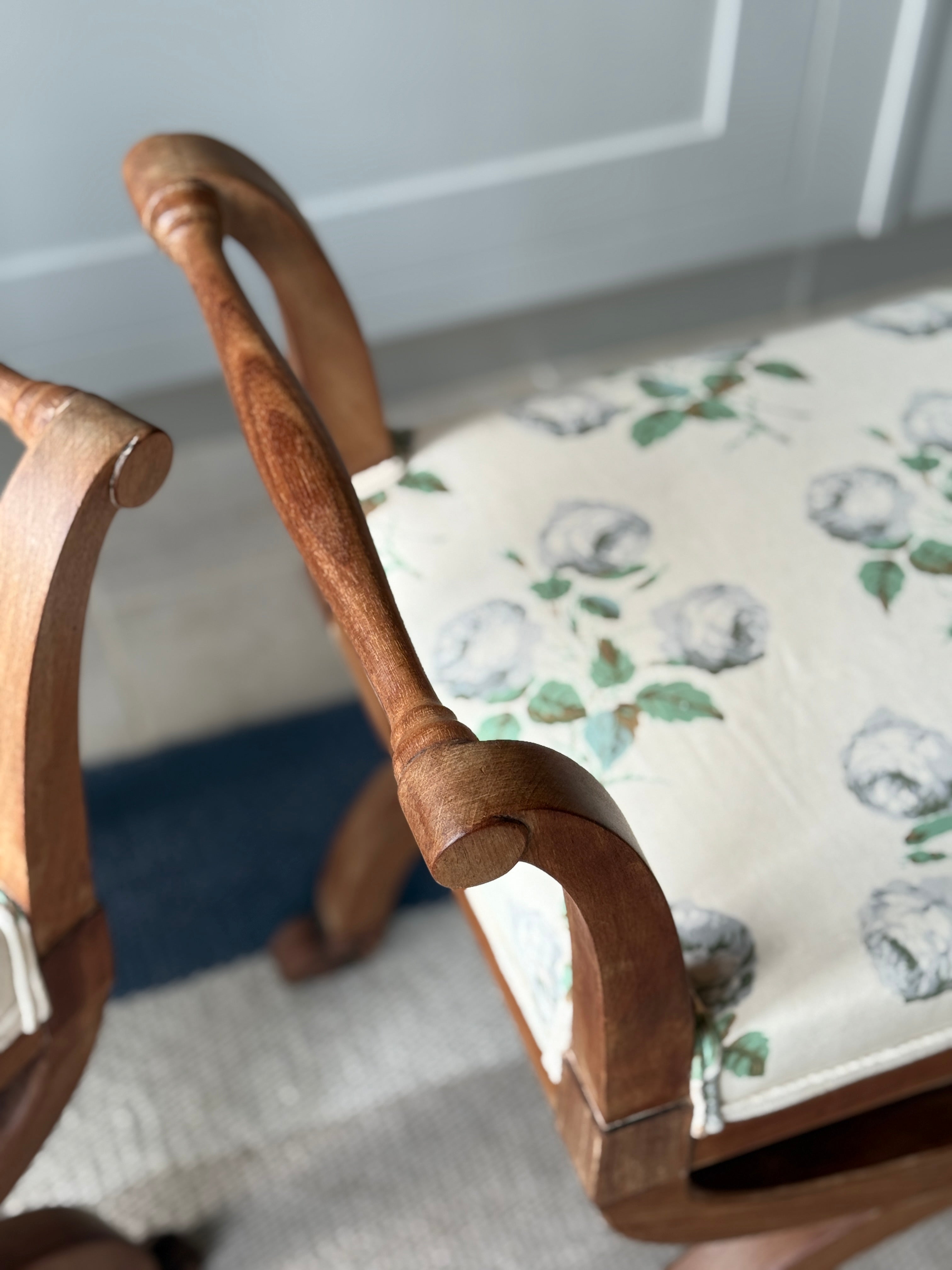 Pair of Bleached Mahogany X Frame Stools Upholstered in Colefax and Fowler Bowood