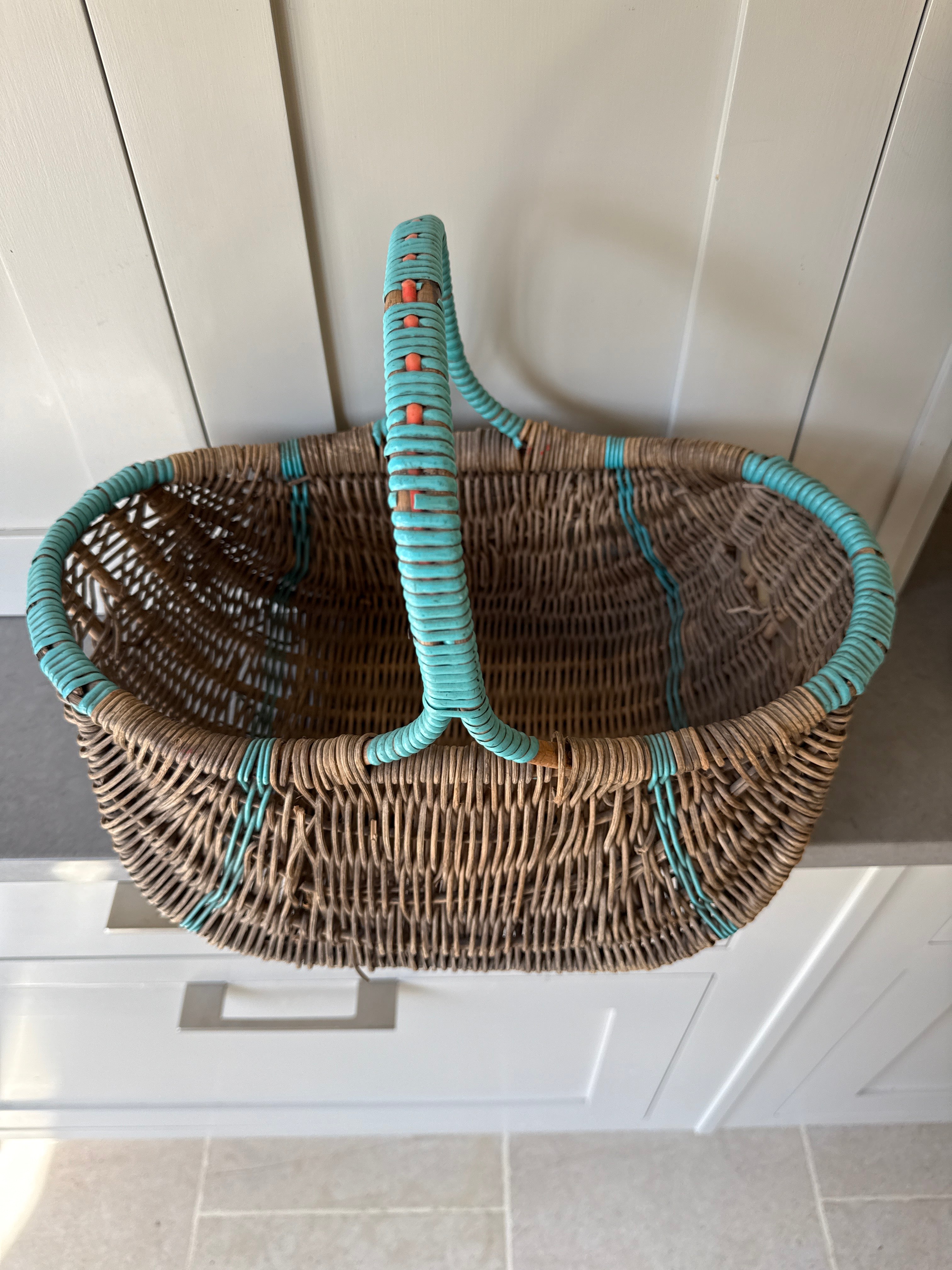 Vintage Wicker Basket with Green Accent