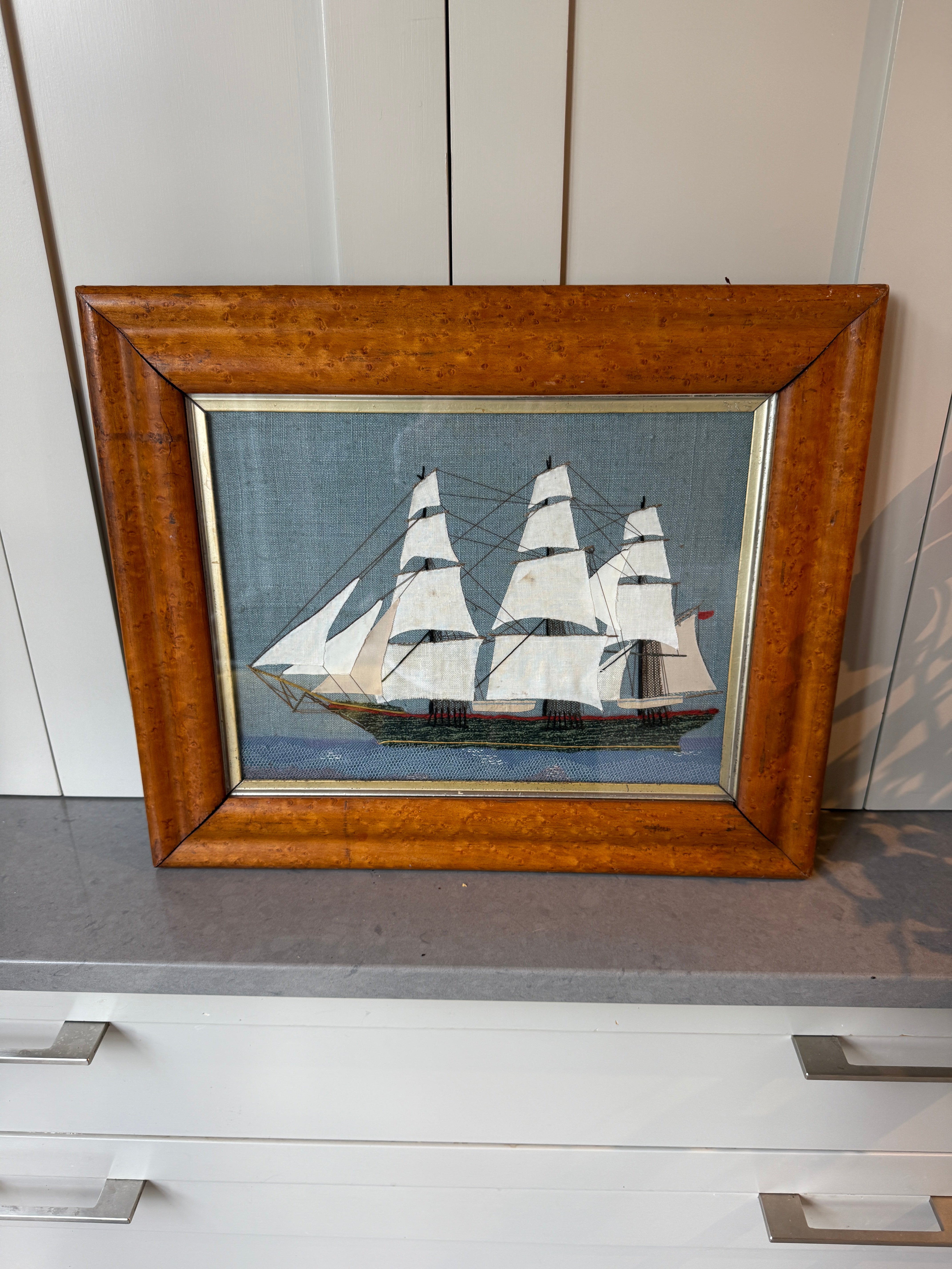 Decorative Wool Work Nautical Picture in Walnut Frame