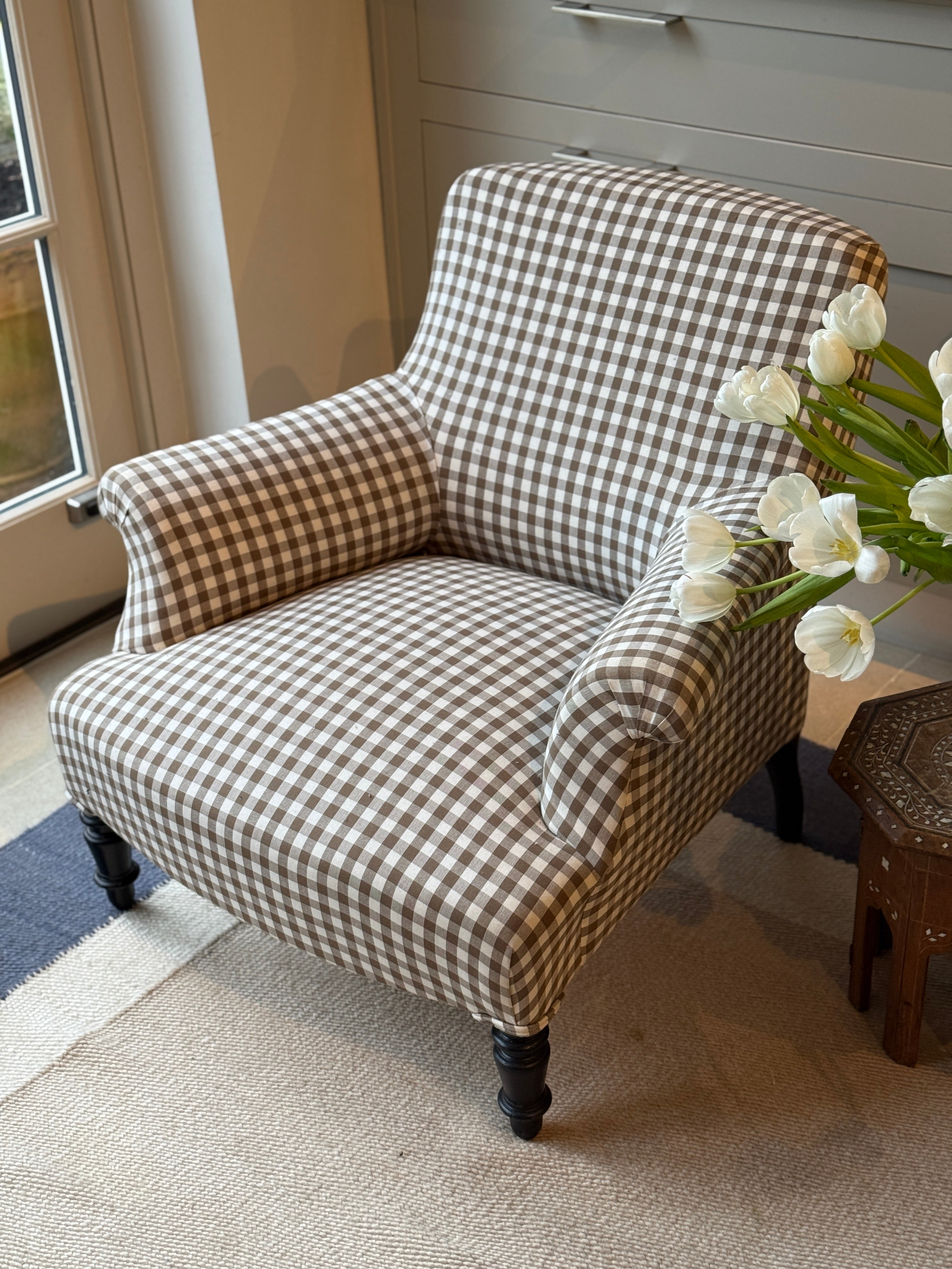 Small Napoleon III Square Back armchair in brown gingham