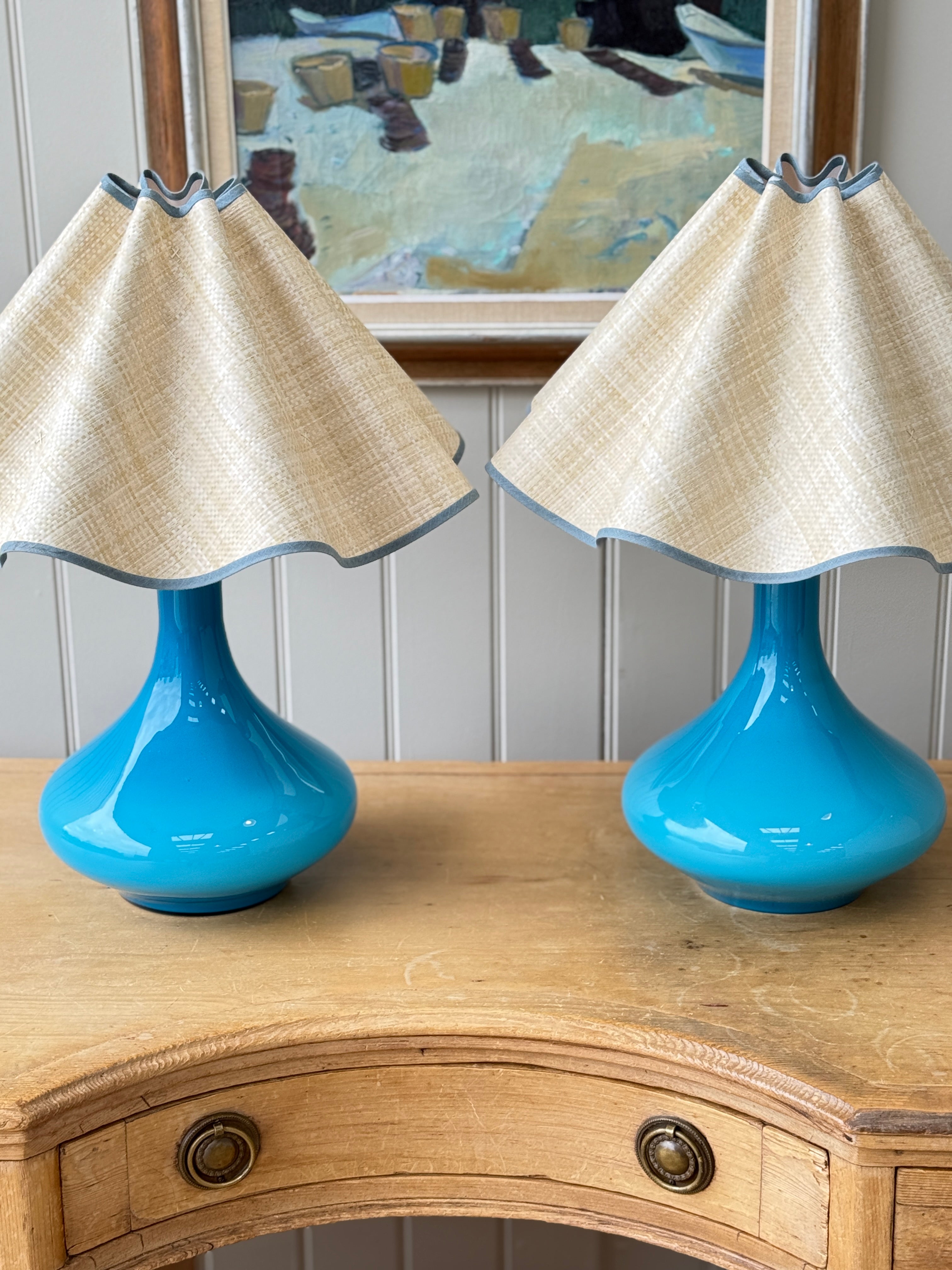 Pair of Large Turquoise Holmegaard lamps by Jacob E Bang