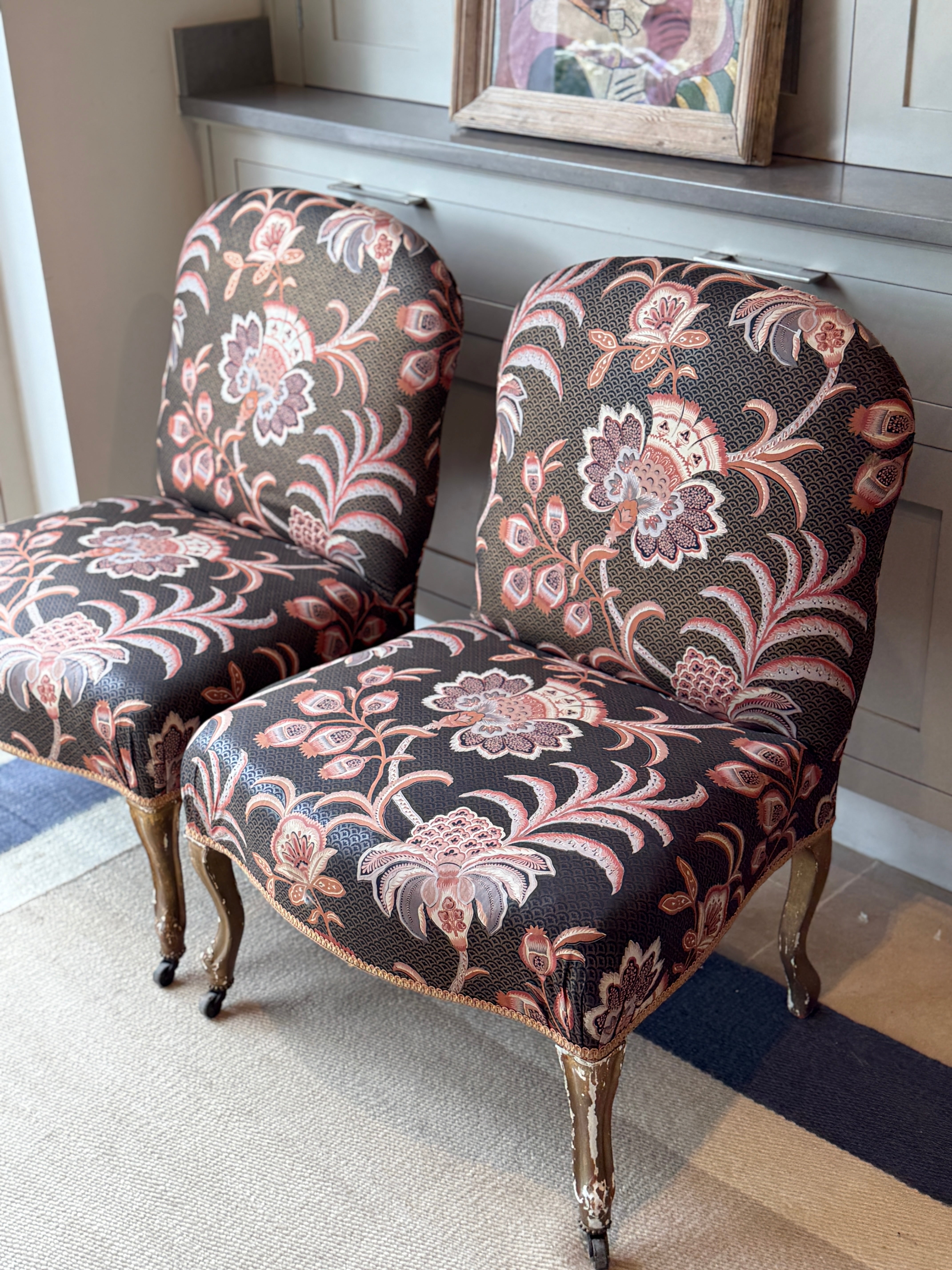 Large Pair of French Slipper Chairs in Floral Fabric